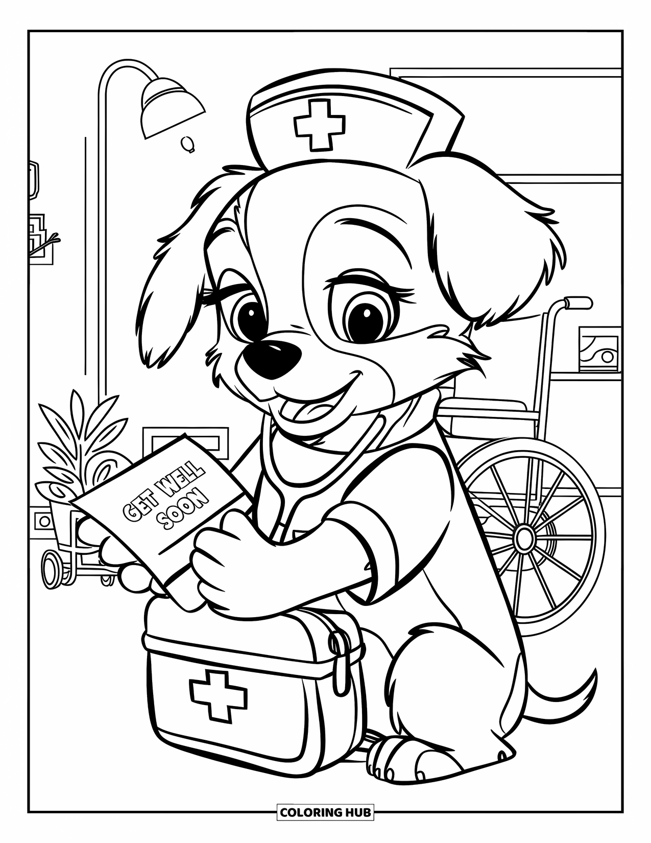 Get Well Soon Coloring Page for Kids: Sweet puppy nurse stands beside medical tools with a caring letter