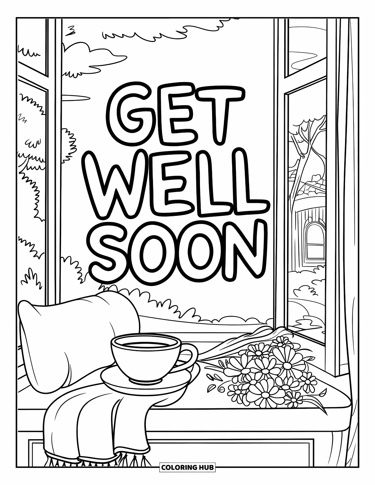 Get Well Soon Coloring Page for Kids: Teatime on a window seat with flowers and a gentle "Get Well Soon" note