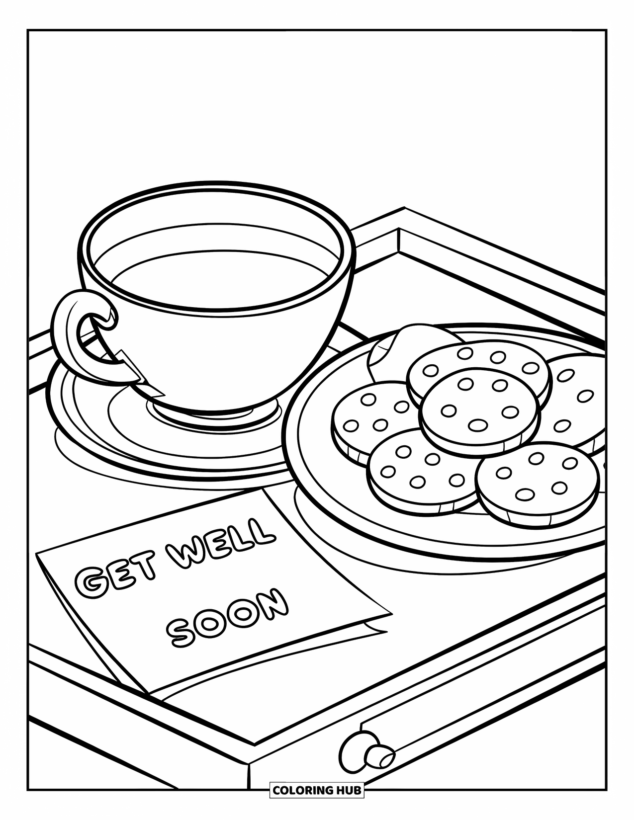 Get Well Soon Coloring Page for Kids: Tray with tea, cookies, and a note that says "Get Well Soon