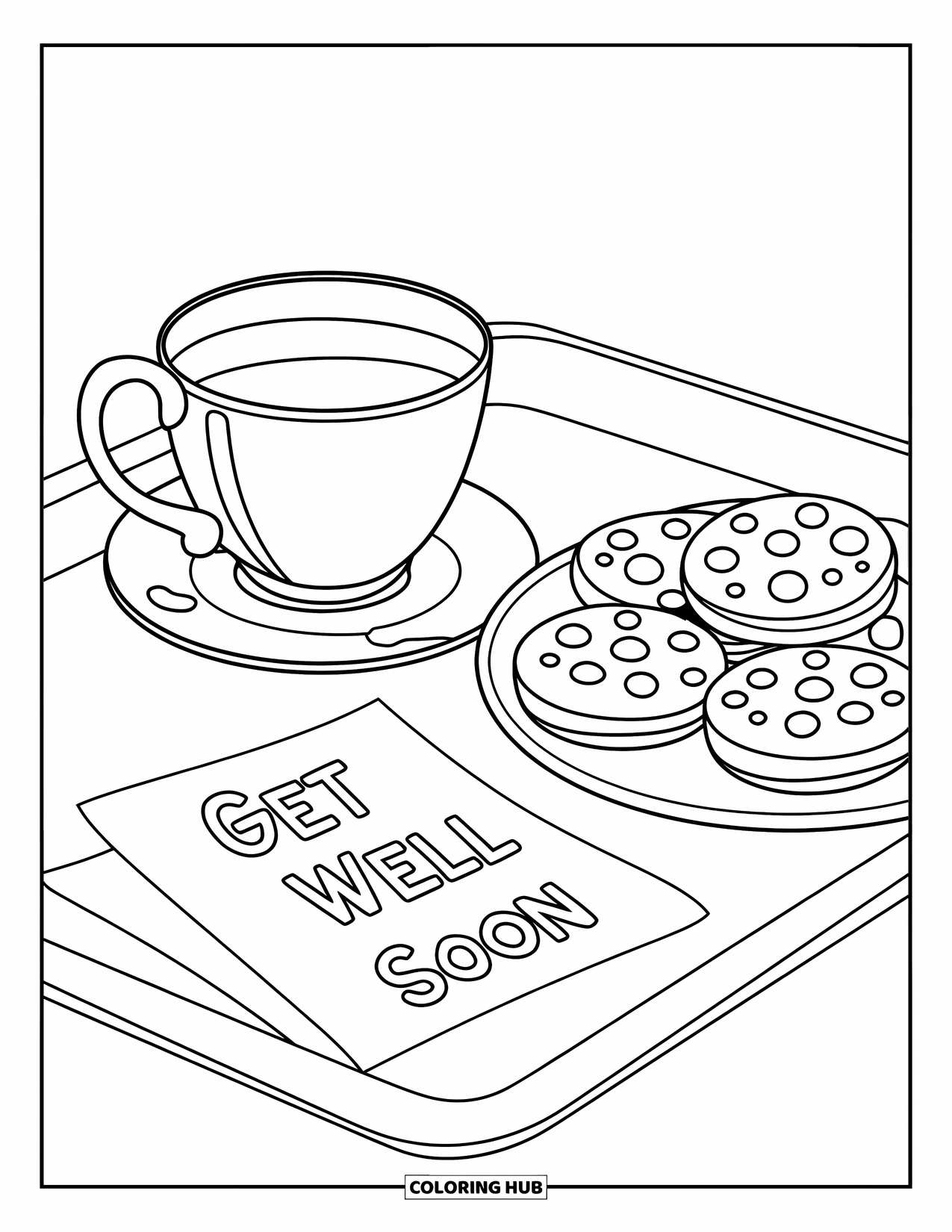Get Well Soon Coloring Page for Kids: Warm tray with a sweet note, cookies, and a cup of tea