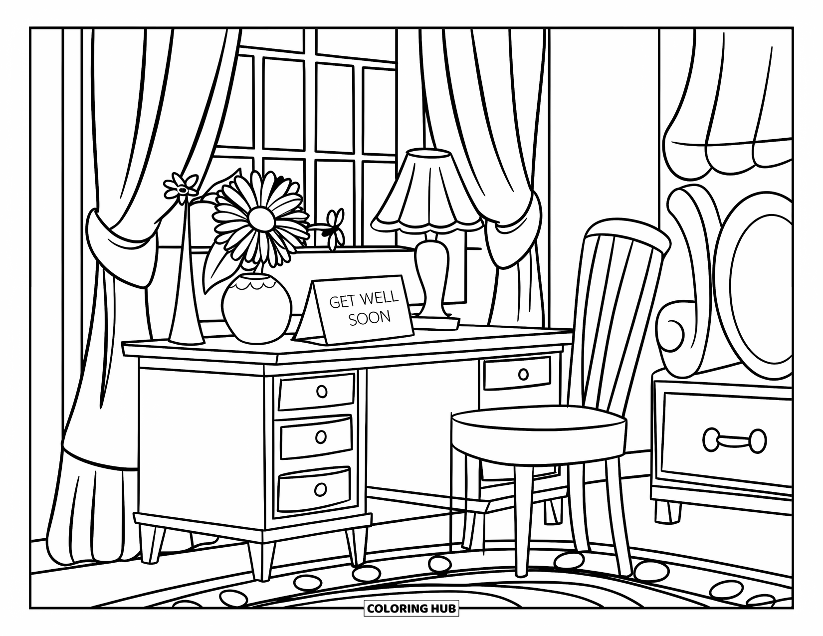 Get Well Soon Coloring Page for Kids: Window-lit bedroom with a chair and warm "Get Well Soon" message on the desk