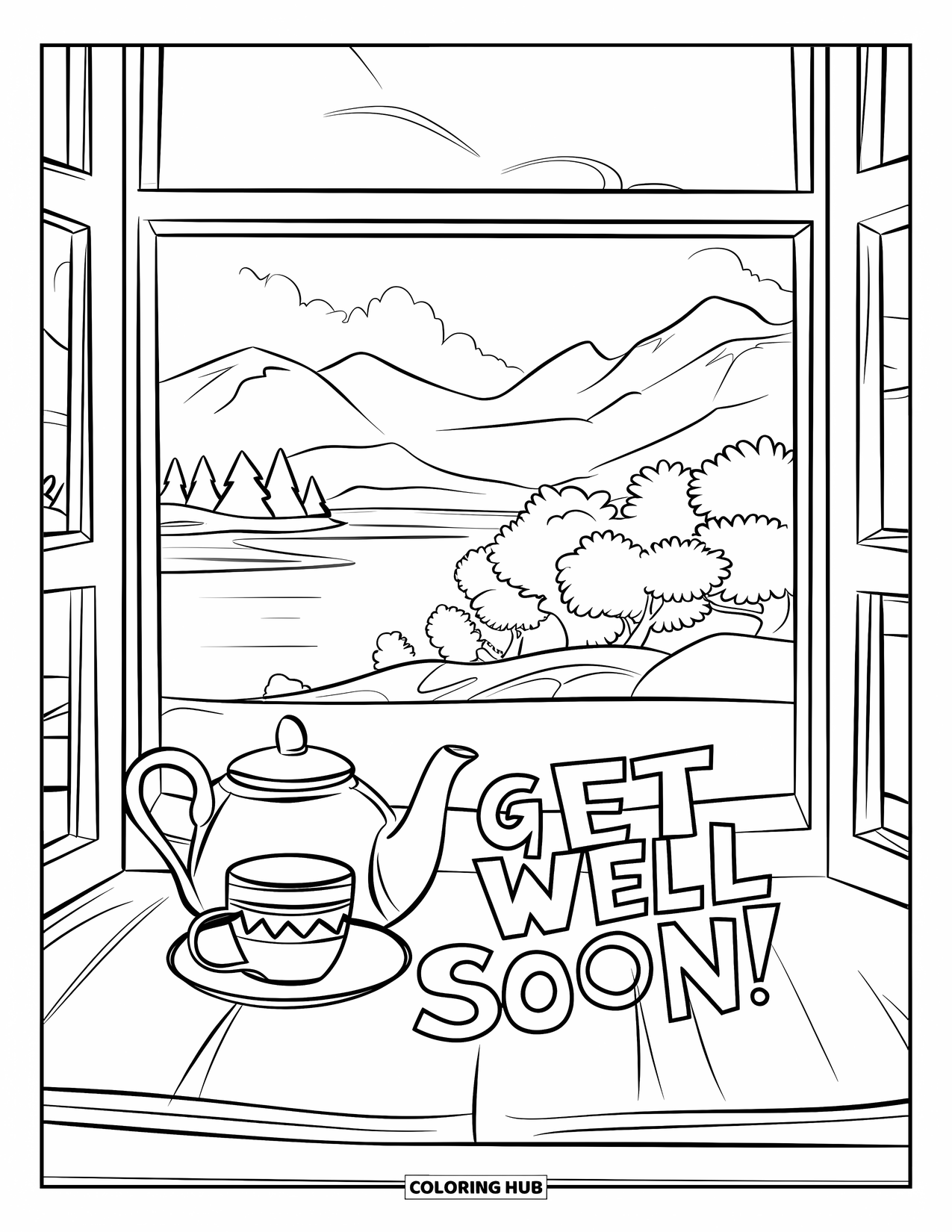 Get Well Soon Coloring Page for Kids: Window seat with teacup and mountains spells out a cozy "Get Well Soon