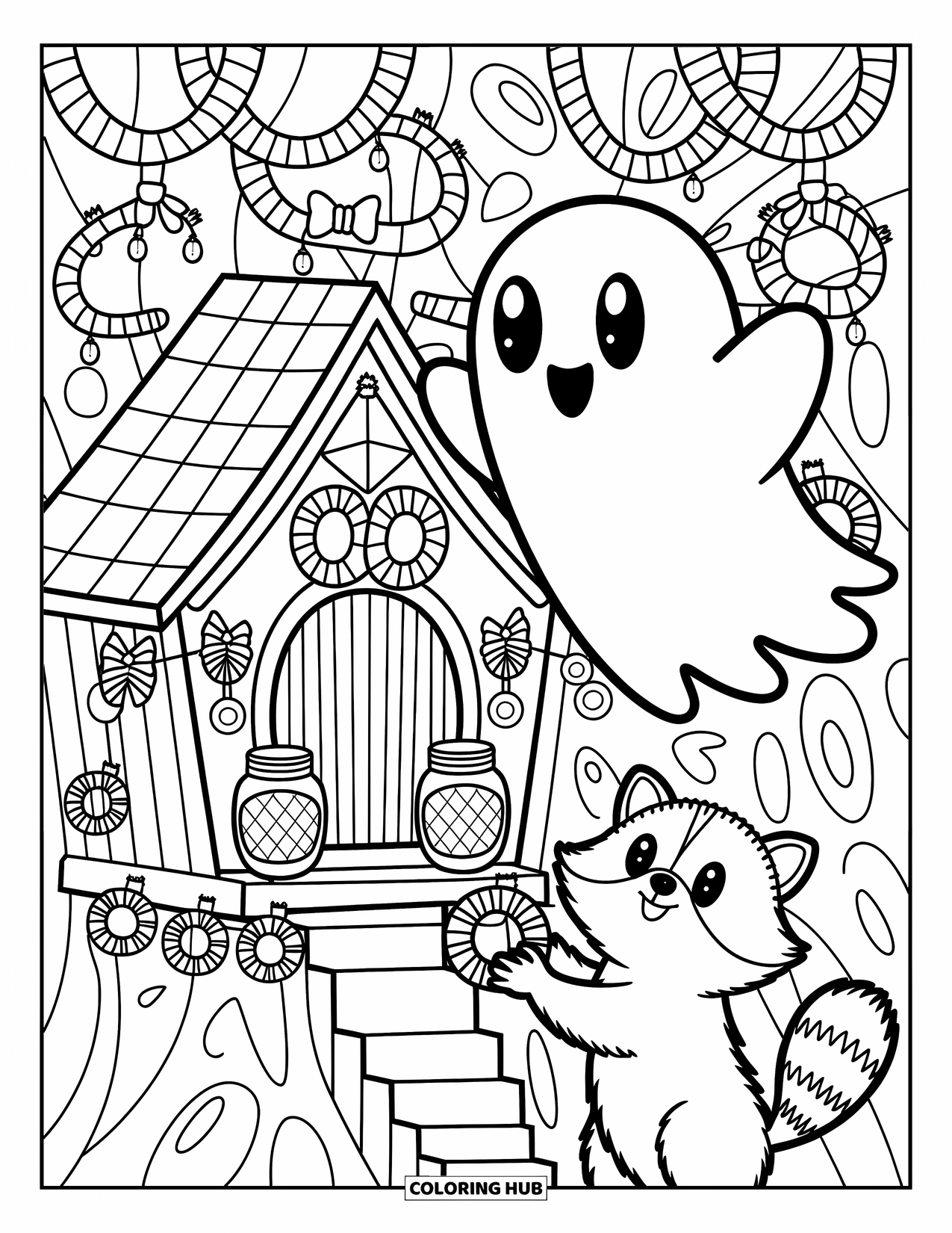 Ghost Coloring Page for Adults: A cheerful ghost and a raccoon team up to decorate a tiny treehouse