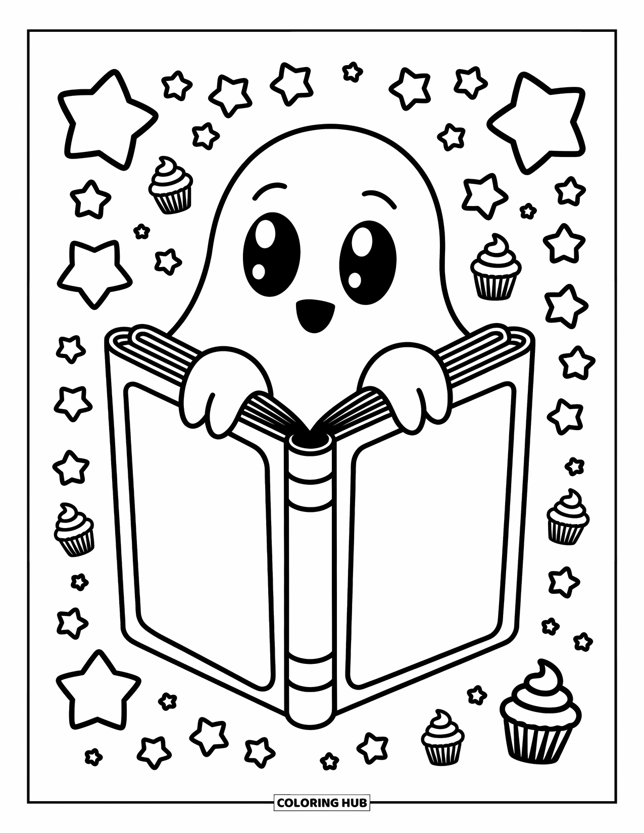 Ghost Coloring Page for Adults: A cheerful ghost emerges from a big book as doodles spill into the scene