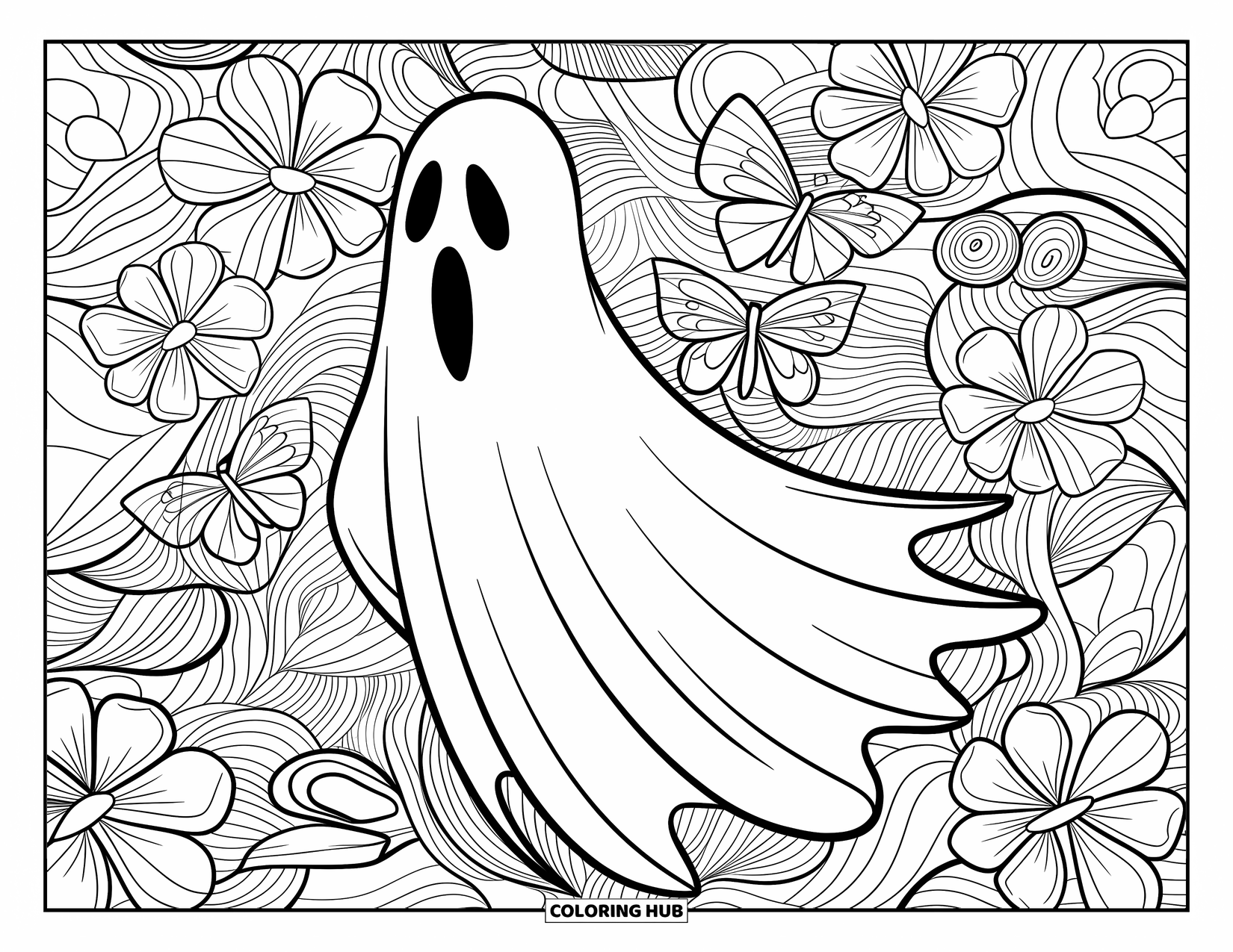Ghost Coloring Page for Adults: A cloaked ghost floats among blooming vines and fluttering butterflies