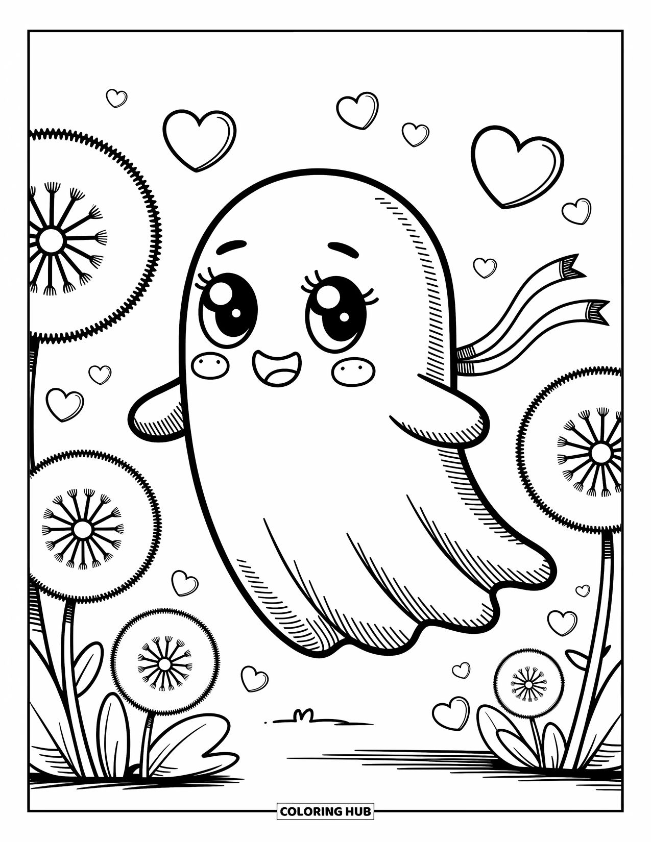 Ghost Coloring Page for Adults: A cute ghost floats through a dandelion garden with hearts and a flowing scarf