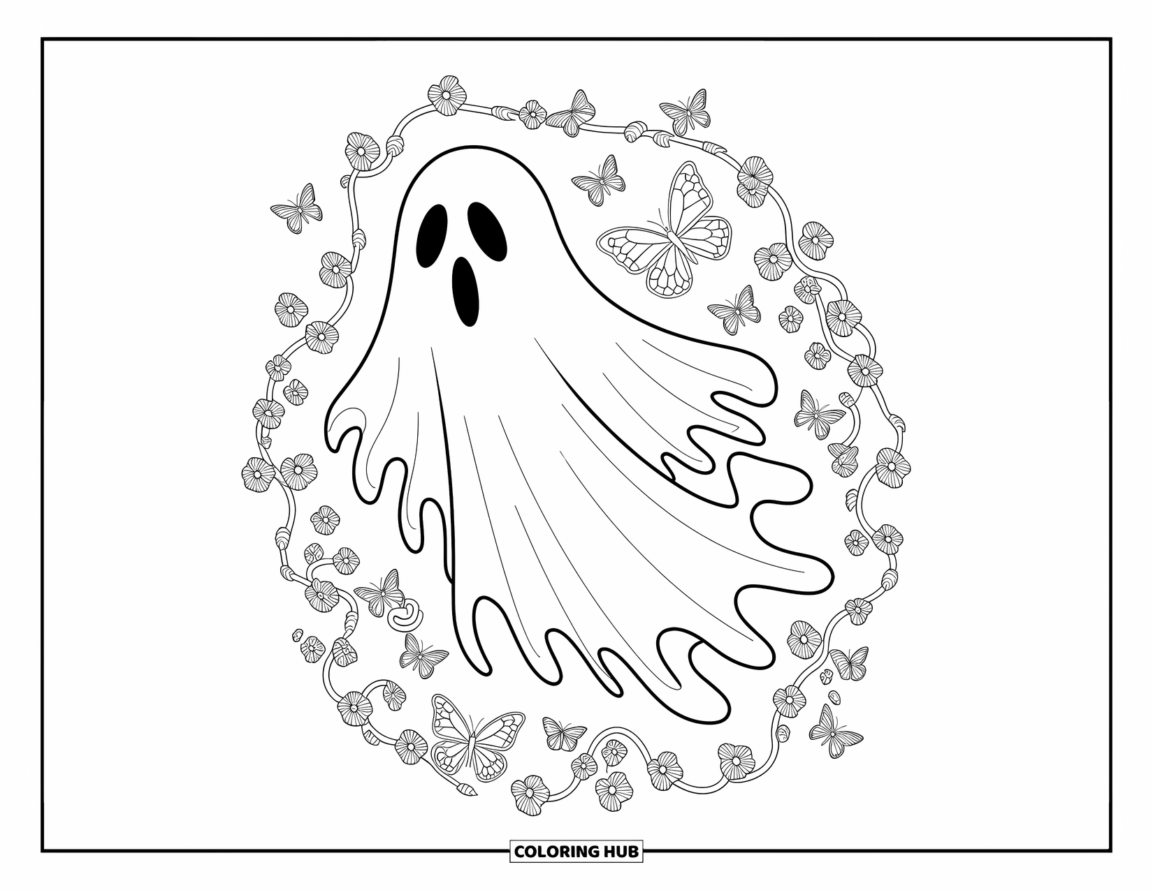 Ghost Coloring Page for Adults: A gentle ghost drifts through vines and butterflies in a peaceful garden