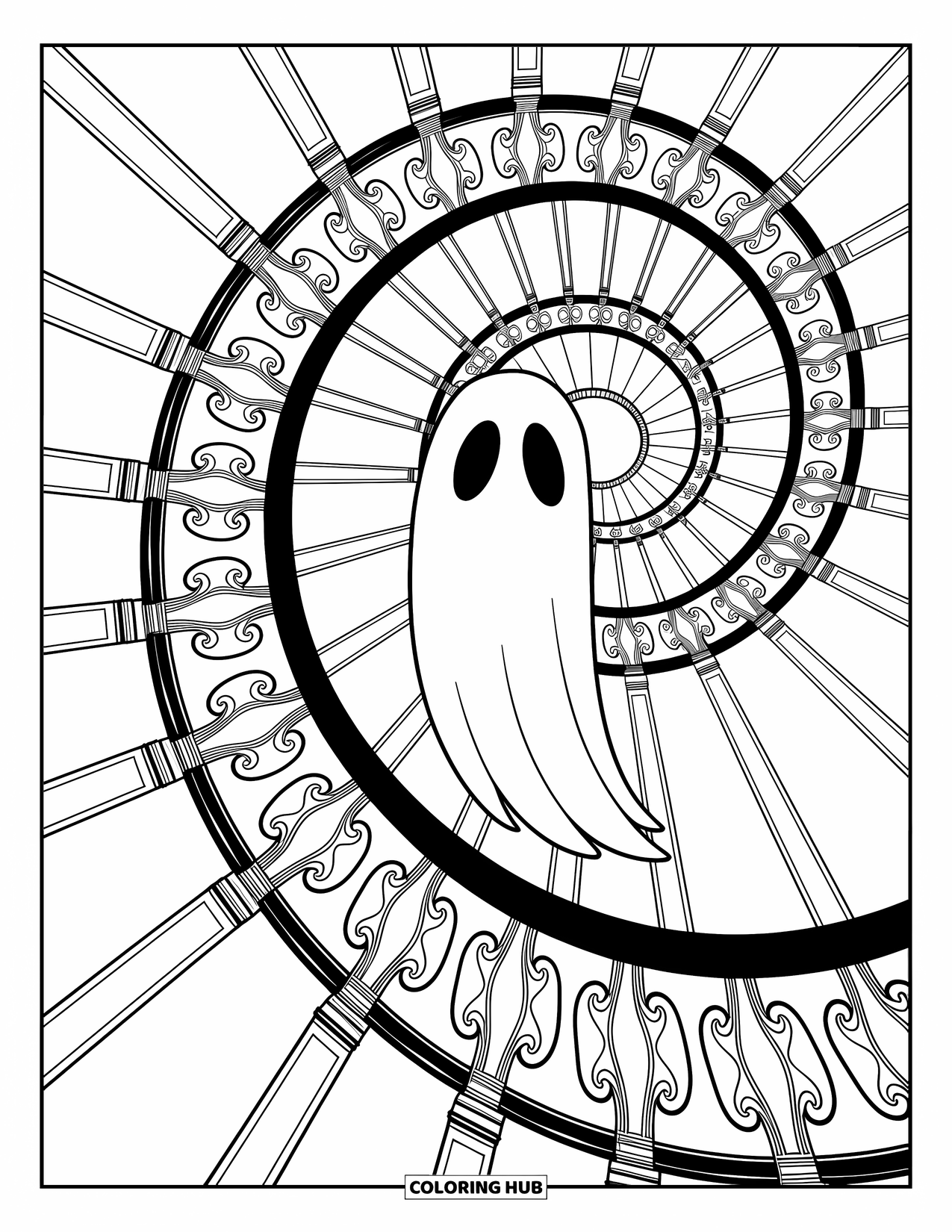 Ghost Coloring Page for Adults: A ghost appears on a spiral staircase framed by soft, decorative shapes