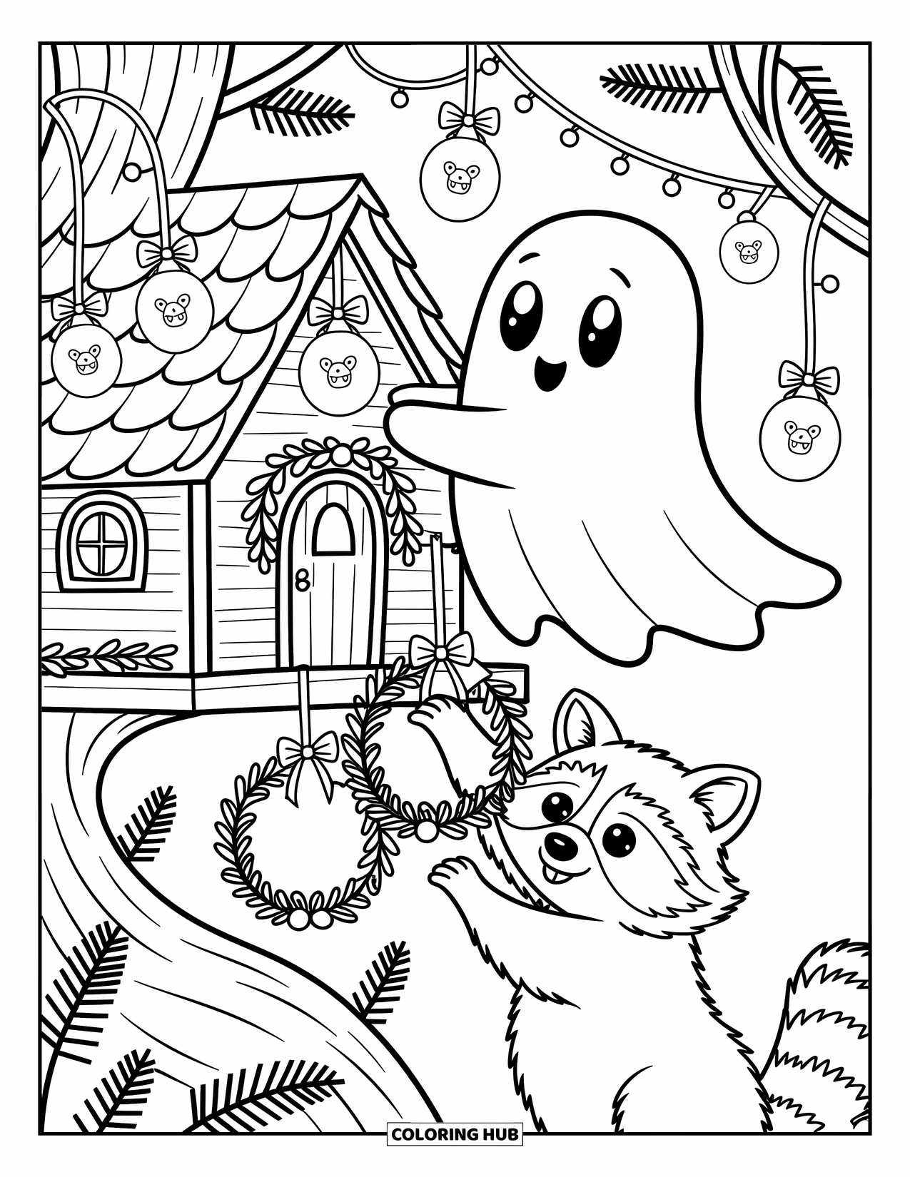 Ghost Coloring Page for Adults: A ghost decorates a treehouse as a raccoon offers tiny festive wreaths