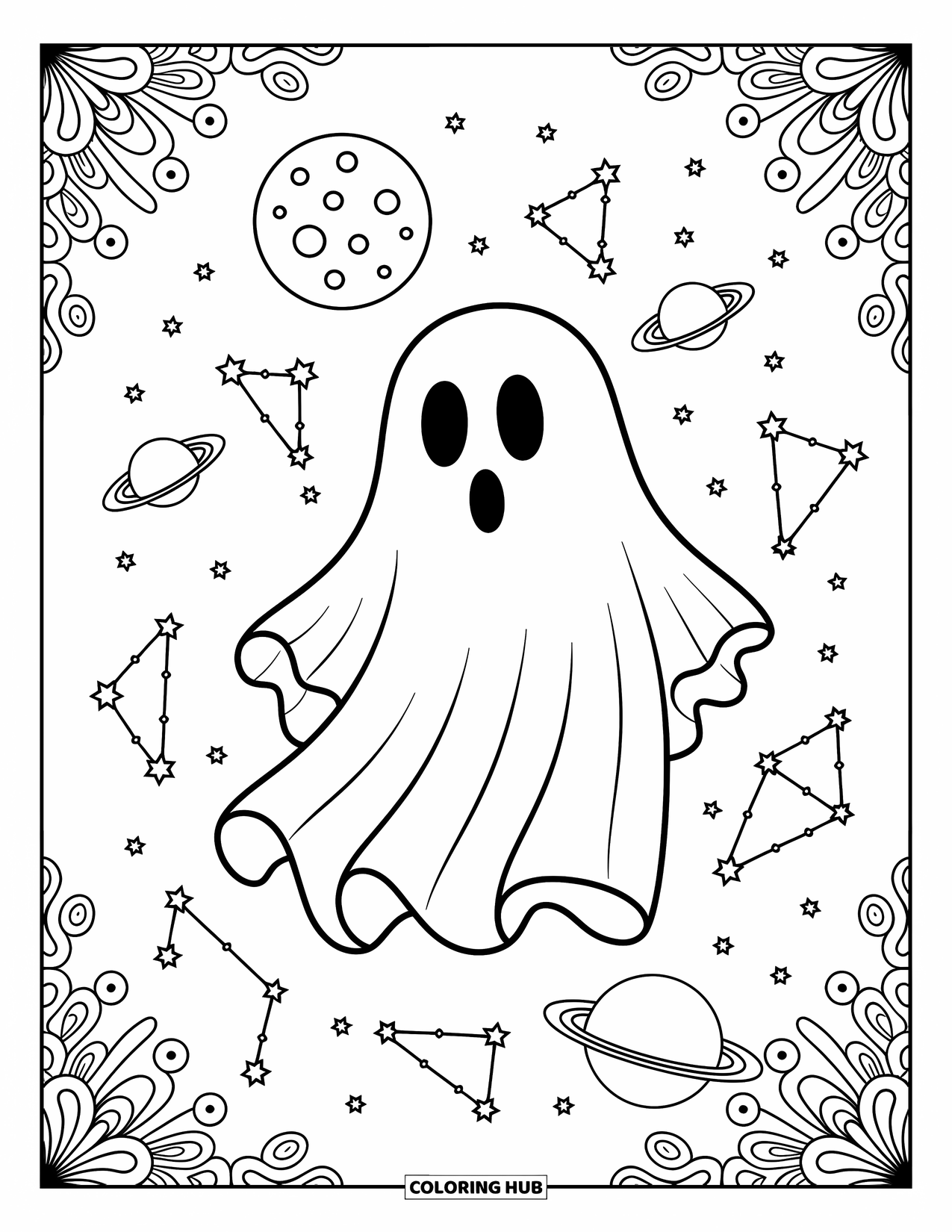 Ghost Coloring Page for Adults: A ghost drifts under a glowing moon with constellations and planets nearby