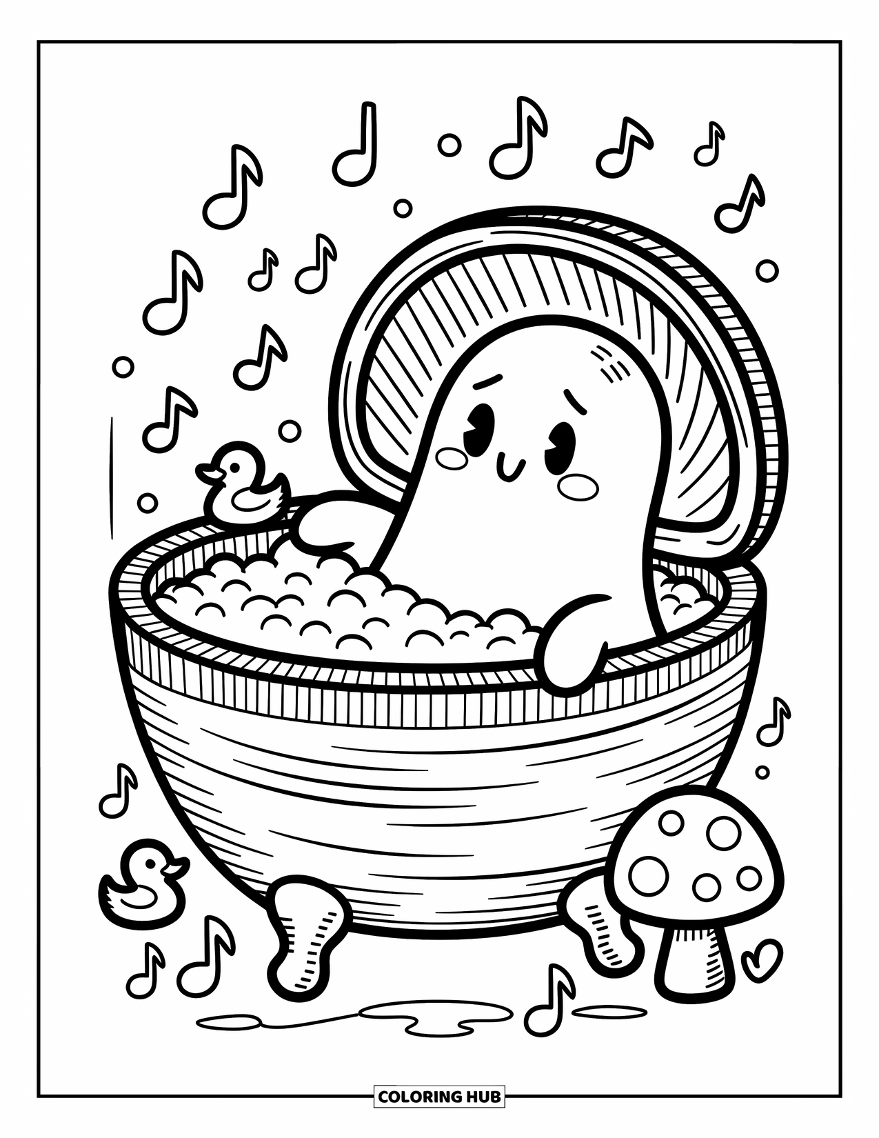 Ghost Coloring Page for Adults: A ghost enjoys a cozy bath in a walnut shell with duckies and soft music
