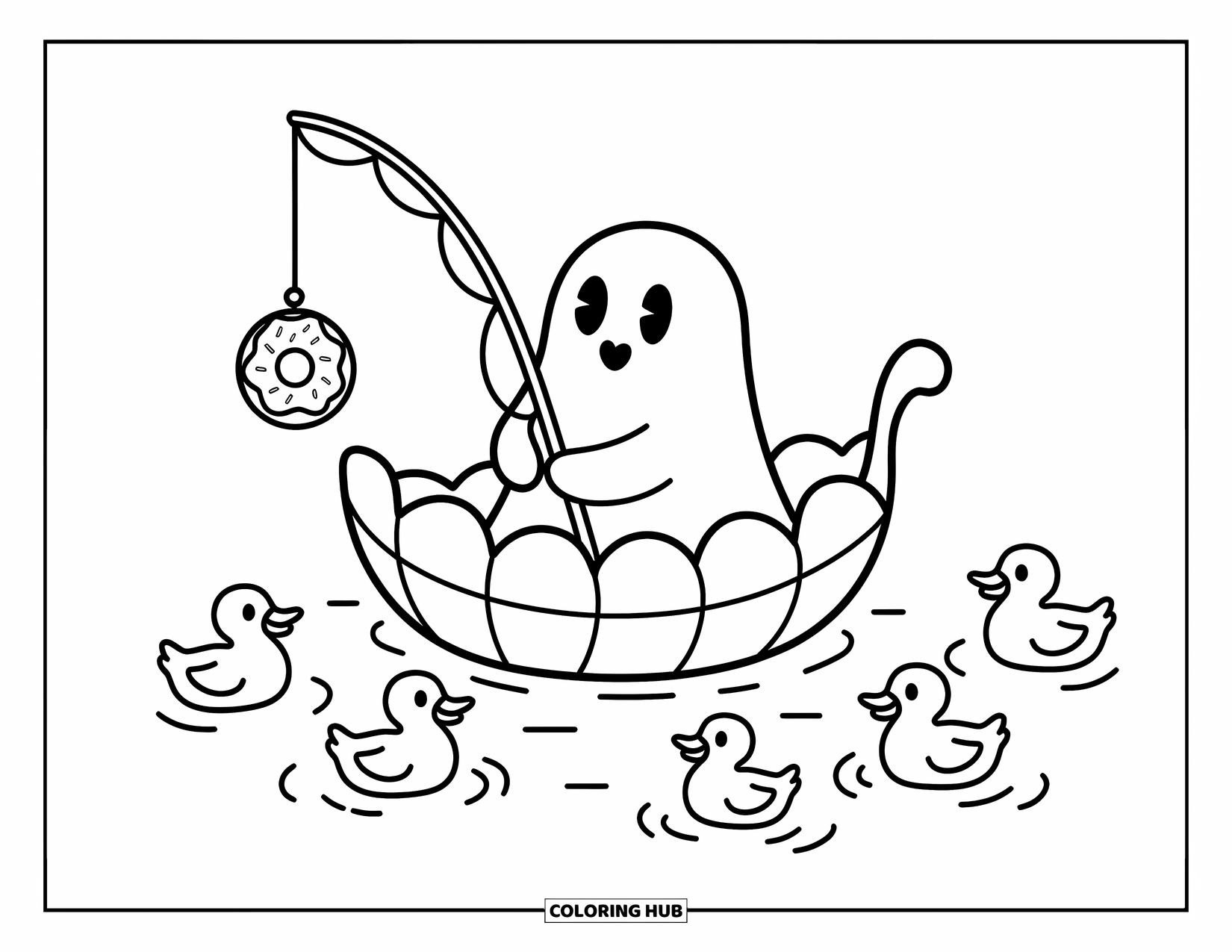 Ghost Coloring Page for Adults: A ghost fishes with a donut in a leaf boat, joined by curious ducks
