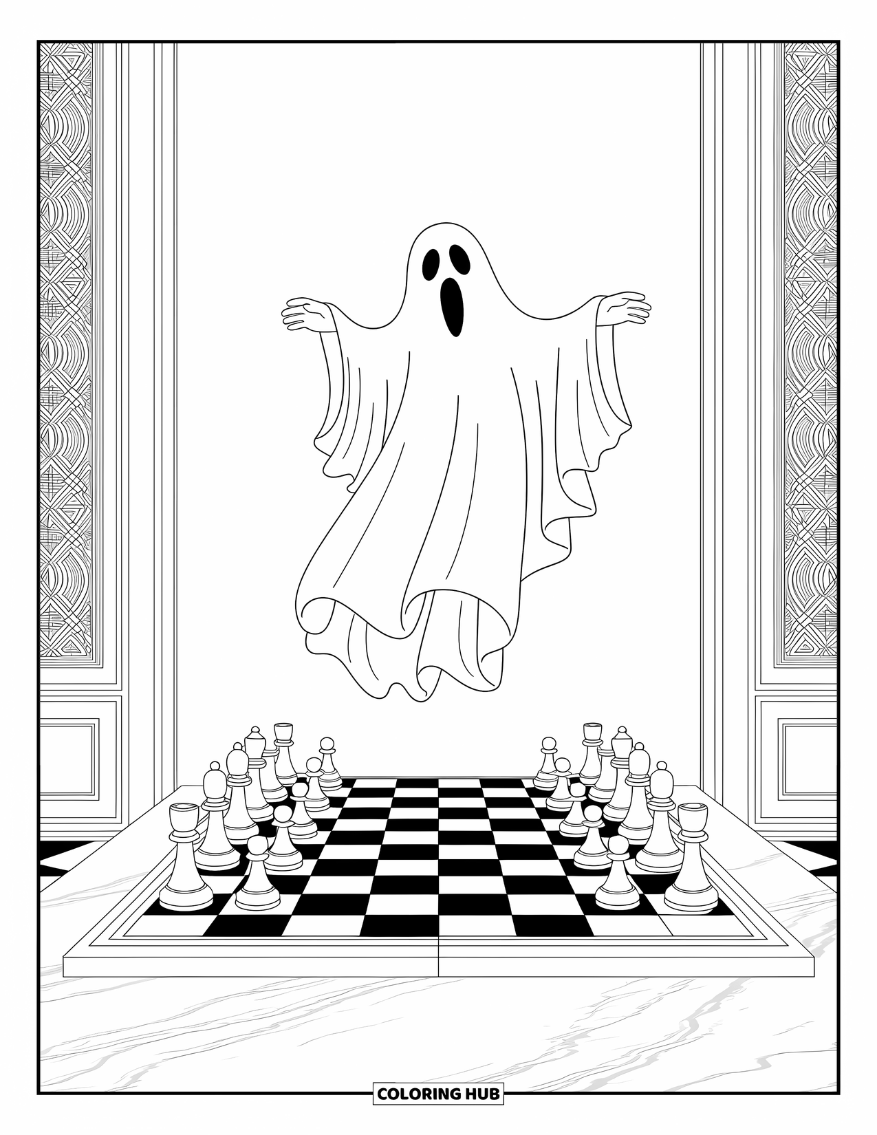 Ghost Coloring Page for Adults: A ghost floats above a chessboard mid-game in a quiet, patterned space