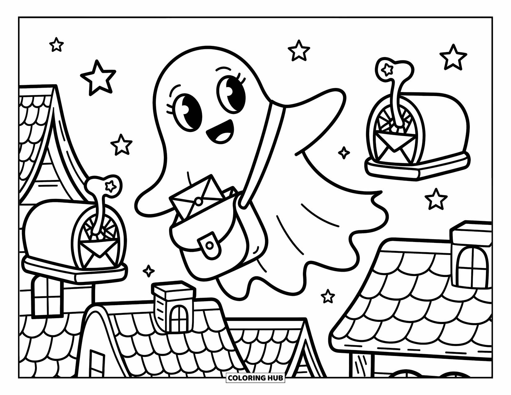 Ghost Coloring Page for Adults: A ghost floats above rooftops, dropping magical mail into flower and star-shaped mailboxes