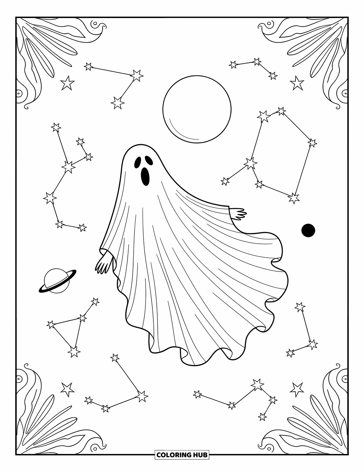 Ghost Coloring Page for Adults: A ghost floats beneath the moon, surrounded by stars, planets, and delicate space patterns