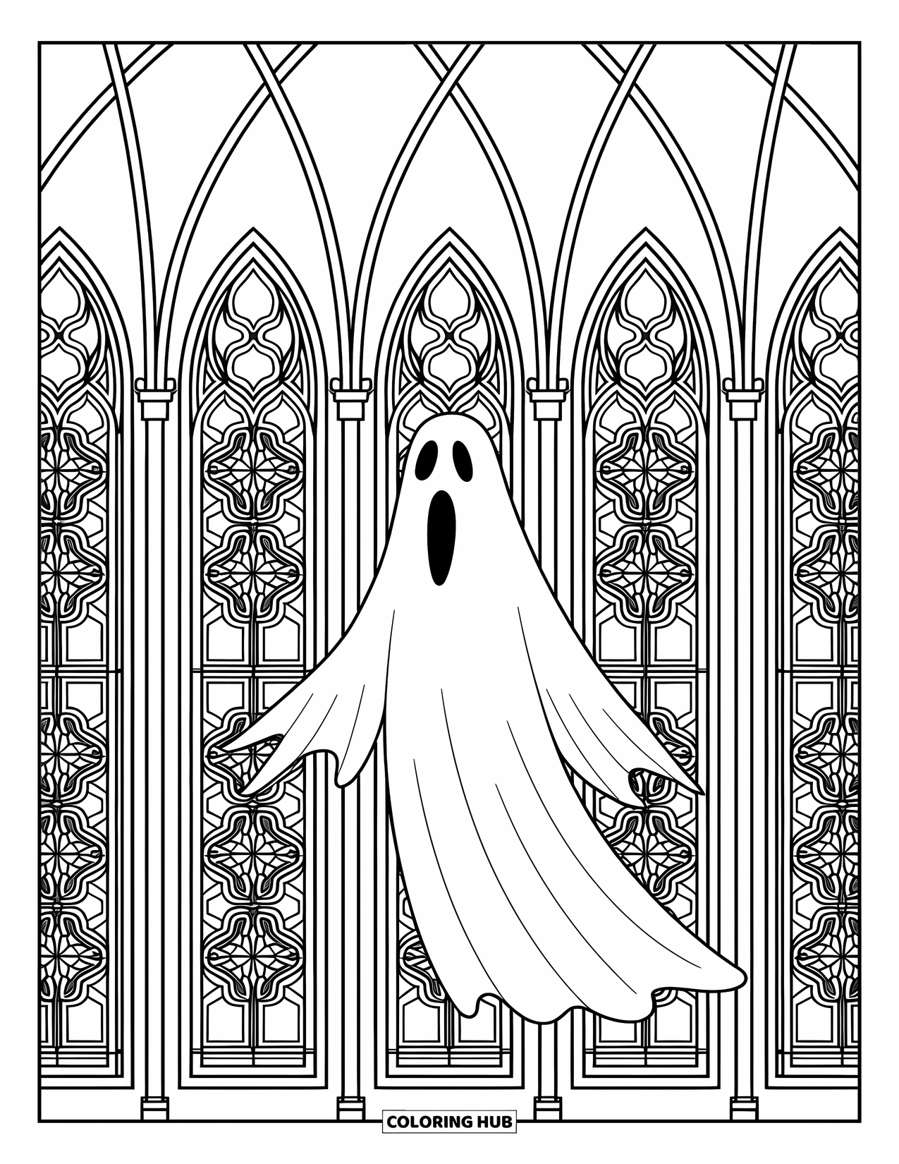 Ghost Coloring Page for Adults: A ghost floats between windows as floral and gothic patterns fill the cathedral