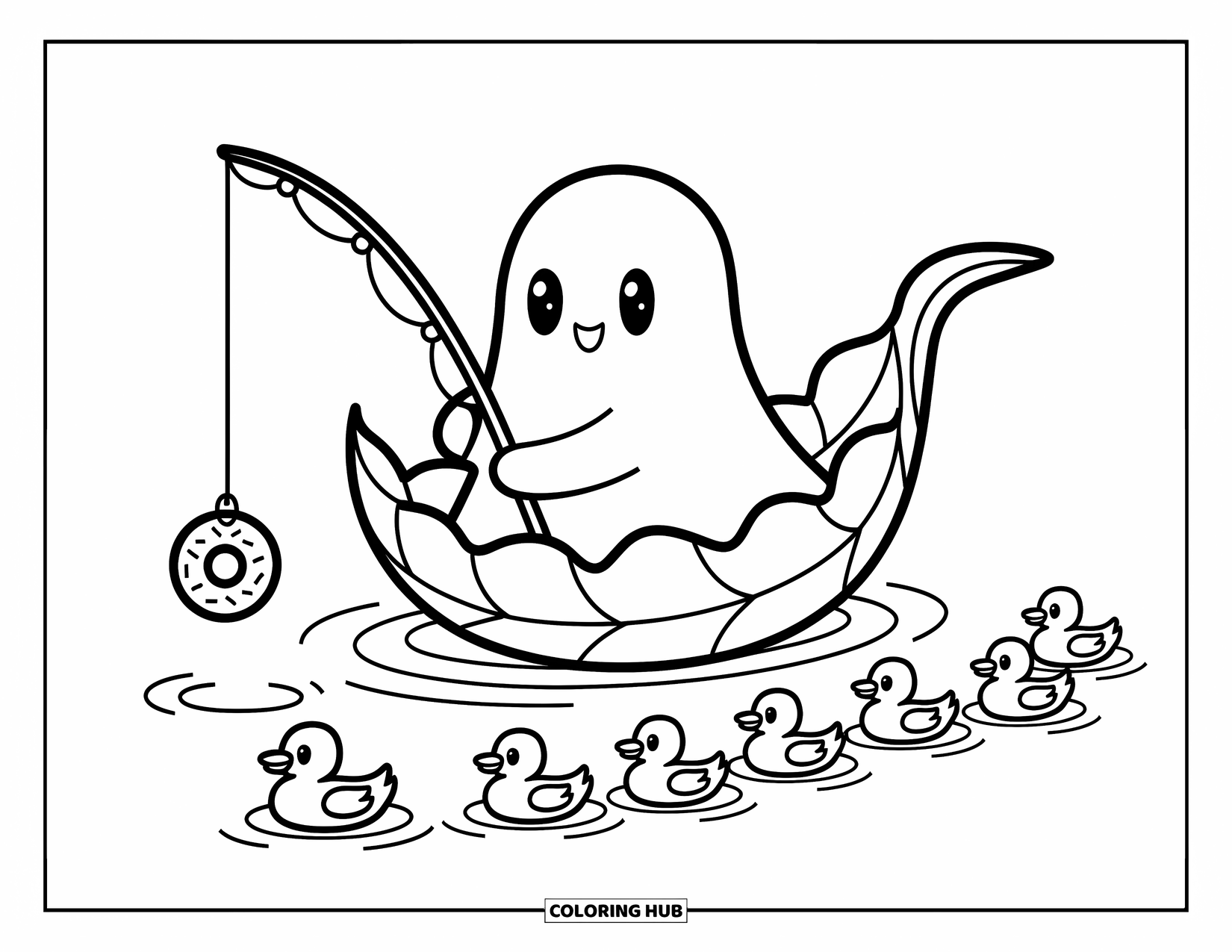 Ghost Coloring Page for Adults: A ghost floats downstream in a leaf boat, fishing with a donut on the line