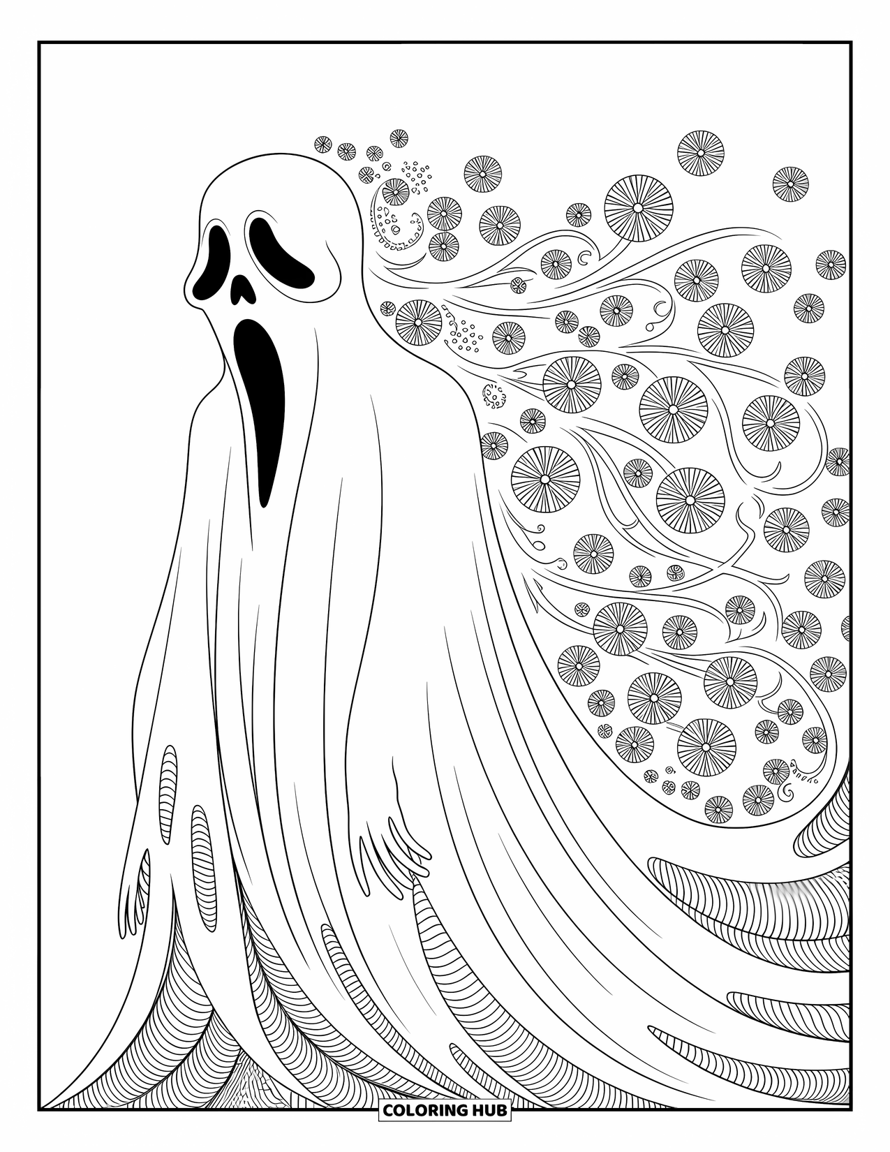 Ghost Coloring Page for Adults: A ghost gently turns into flowers, surrounded by graceful, calming designs
