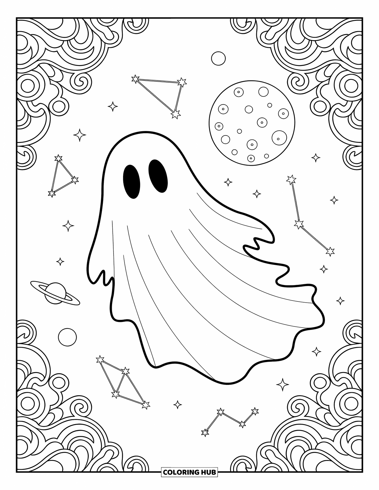 Ghost Coloring Page for Adults: A ghost glides through the night sky, surrounded by moonlight and cosmic designs