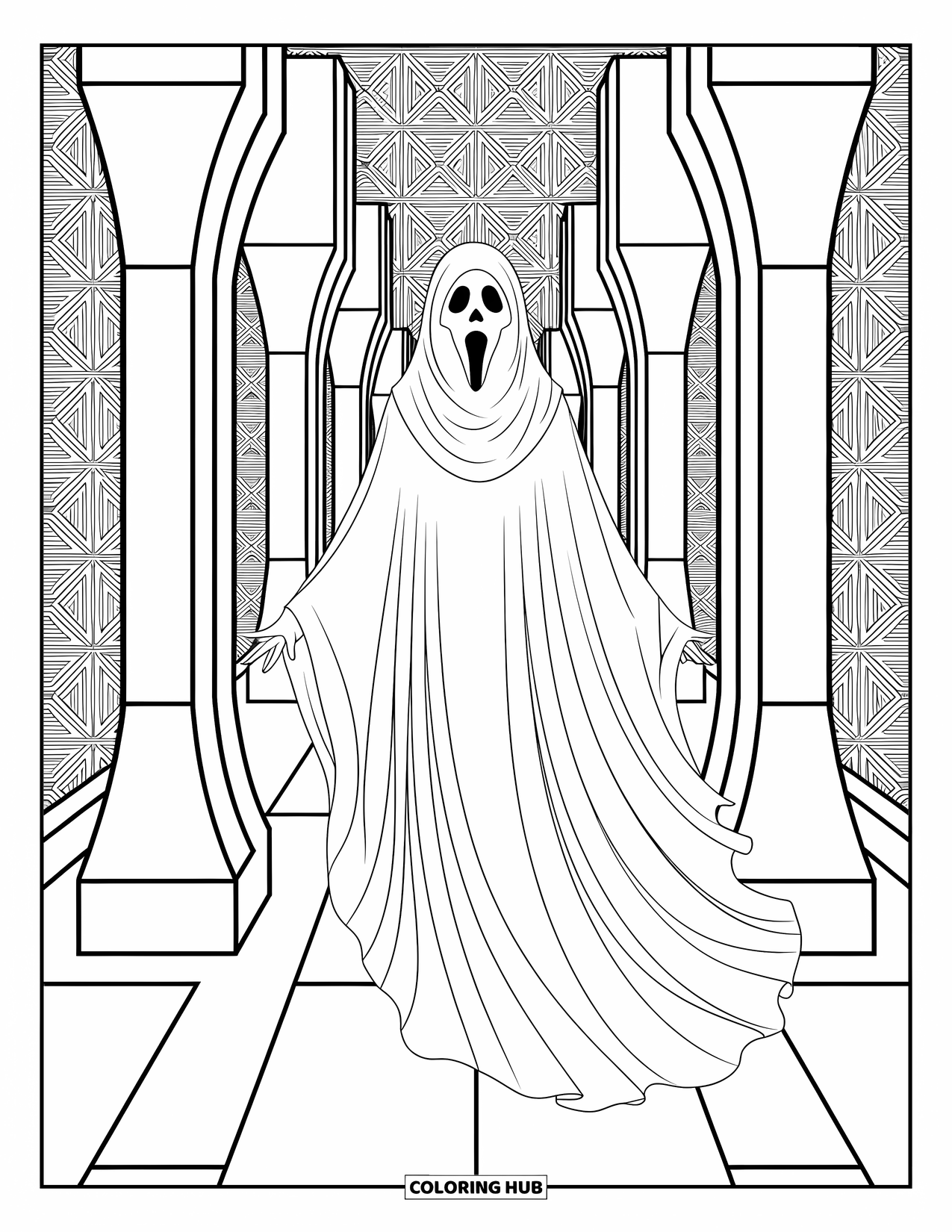Ghost Coloring Page for Adults: A ghost in flowing robes drifts past tall pillars in a richly patterned space