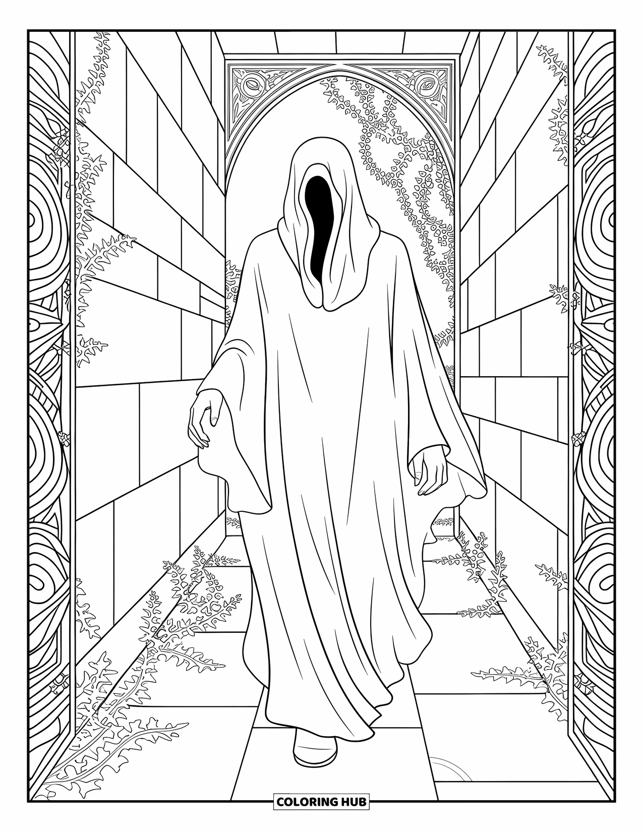 Ghost Coloring Page for Adults: A ghost in flowing robes explores a labyrinth filled with ivy and swirling patterns
