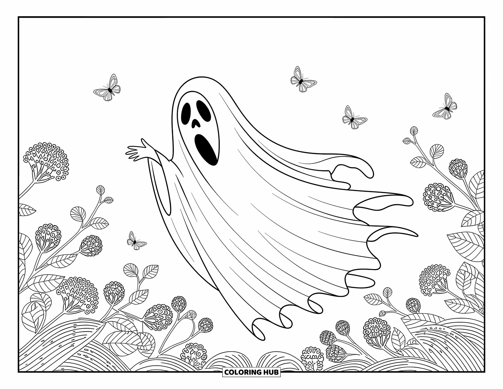 Ghost Coloring Page for Adults: A ghost in flowing robes hovers among vines with butterflies dancing nearby