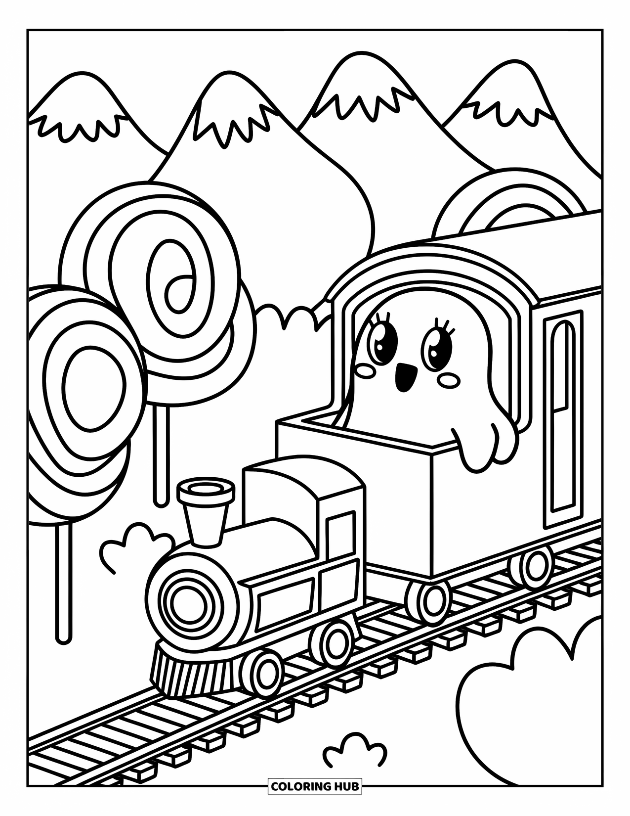 Ghost Coloring Page for Adults: A ghost looks out a train window as candy landscapes roll by outside