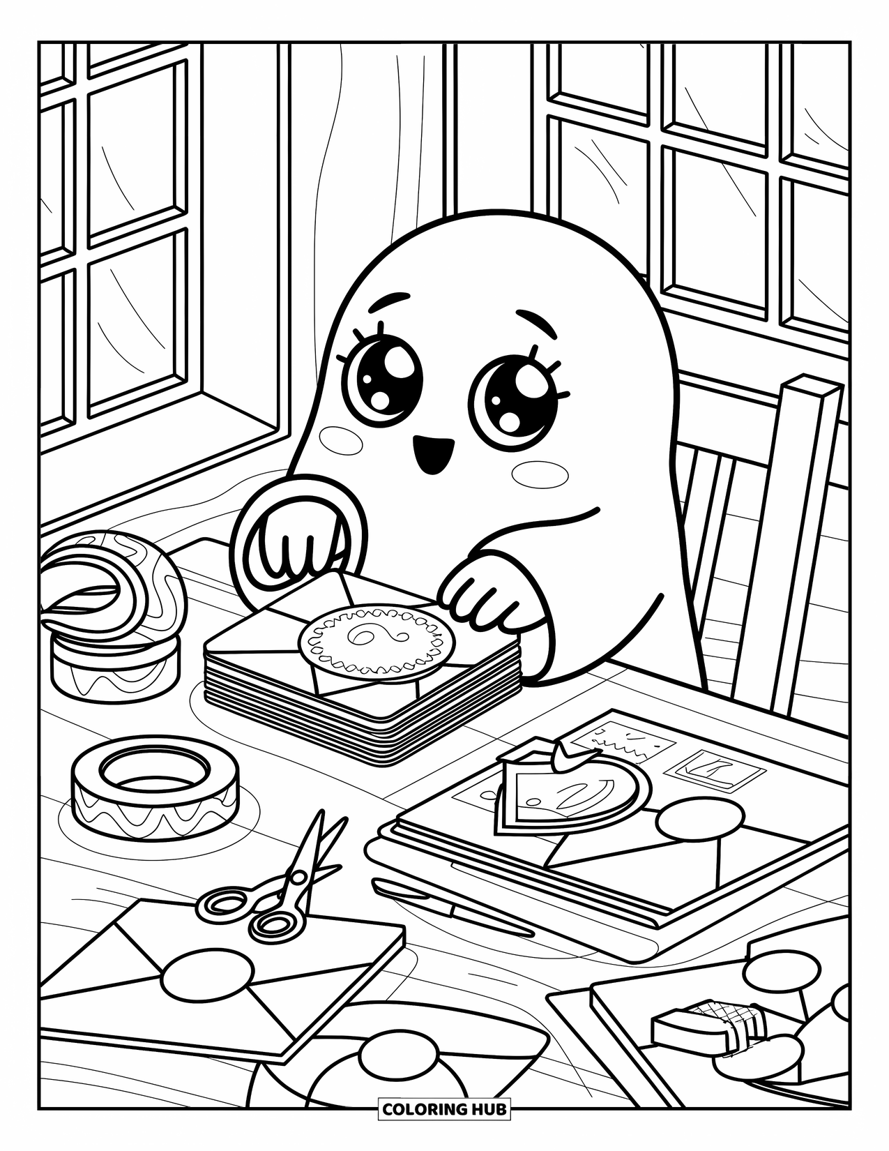 Ghost Coloring Page for Adults: A ghost makes stickers at a tiny desk with washi tape, mail, and scissors