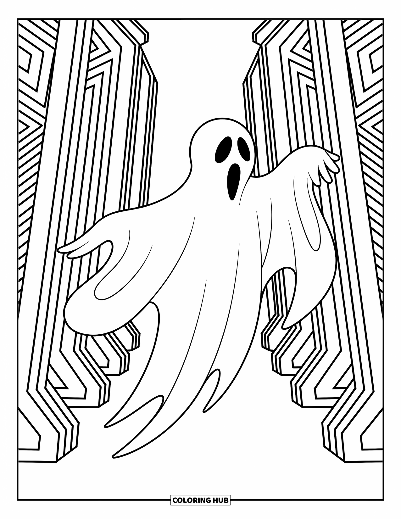 Ghost Coloring Page for Adults: A ghost moves through geometric pillars in a peaceful, intricate patterned hallway