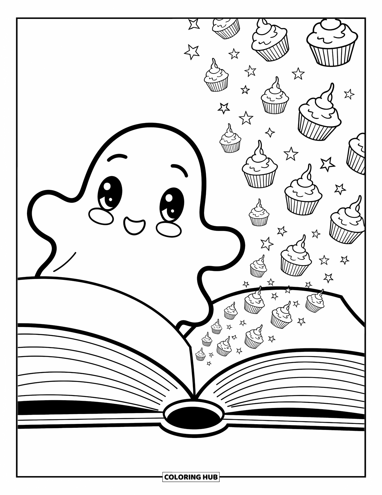 Ghost Coloring Page for Adults: A ghost peeks from a giant storybook as stars, cupcakes, and creatures spill out