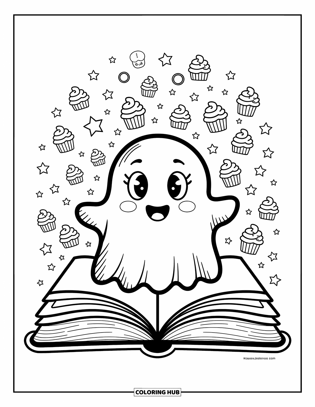 Ghost Coloring Page for Adults: A ghost pops out of a storybook surrounded by playful stars, cupcakes, and animals