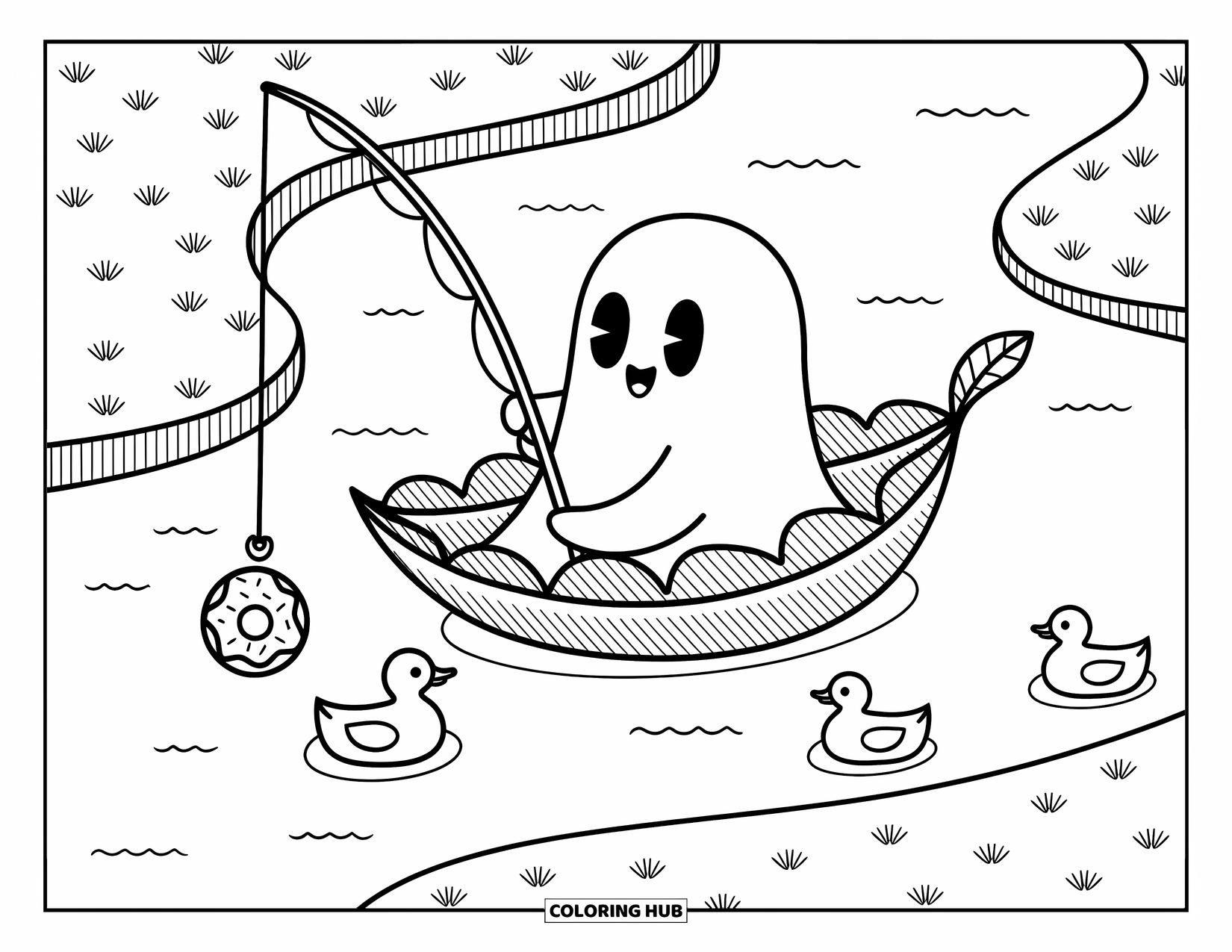 Ghost Coloring Page for Adults: A ghost relaxes in a leaf boat while ducks paddle playfully nearby