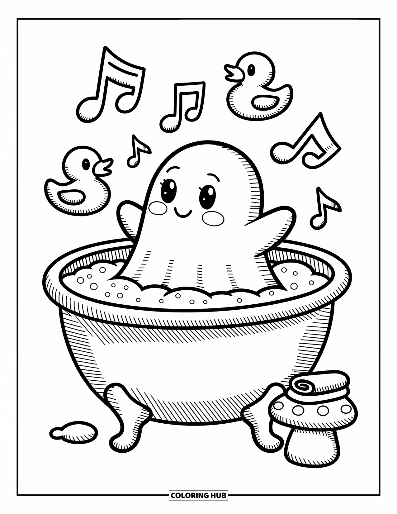 Ghost Coloring Page for Adults: A ghost relaxes in a walnut shell tub surrounded by ducks and music notes