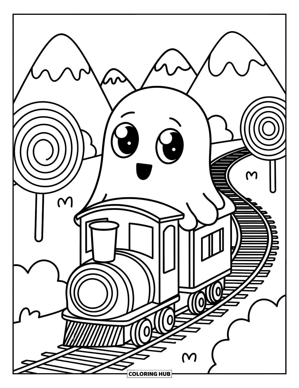 Ghost Coloring Page for Adults: A ghost rides a tiny train past lollipop trees and marshmallow mountains