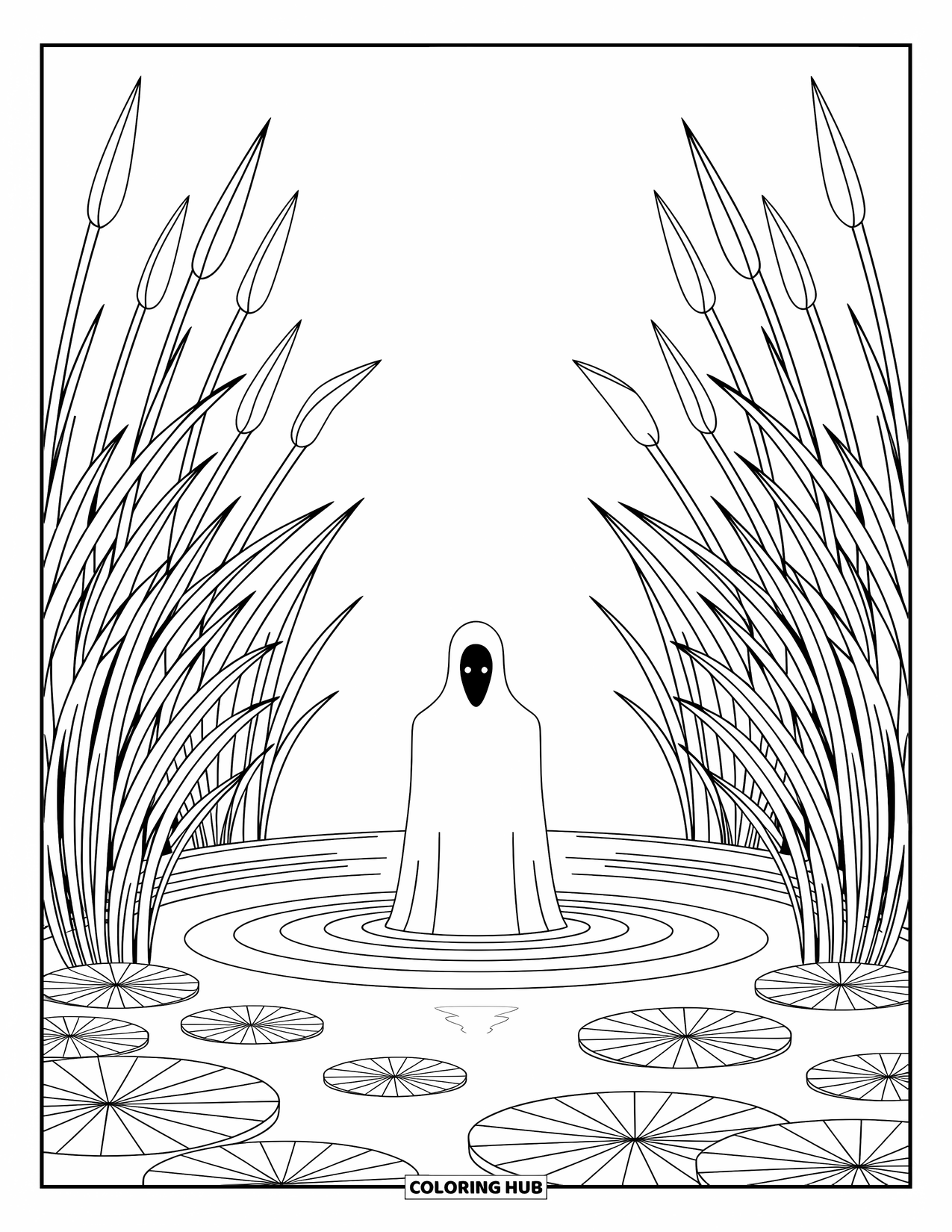Ghost Coloring Page for Adults: A ghost rises slowly from the water as swirling patterns fill the scene