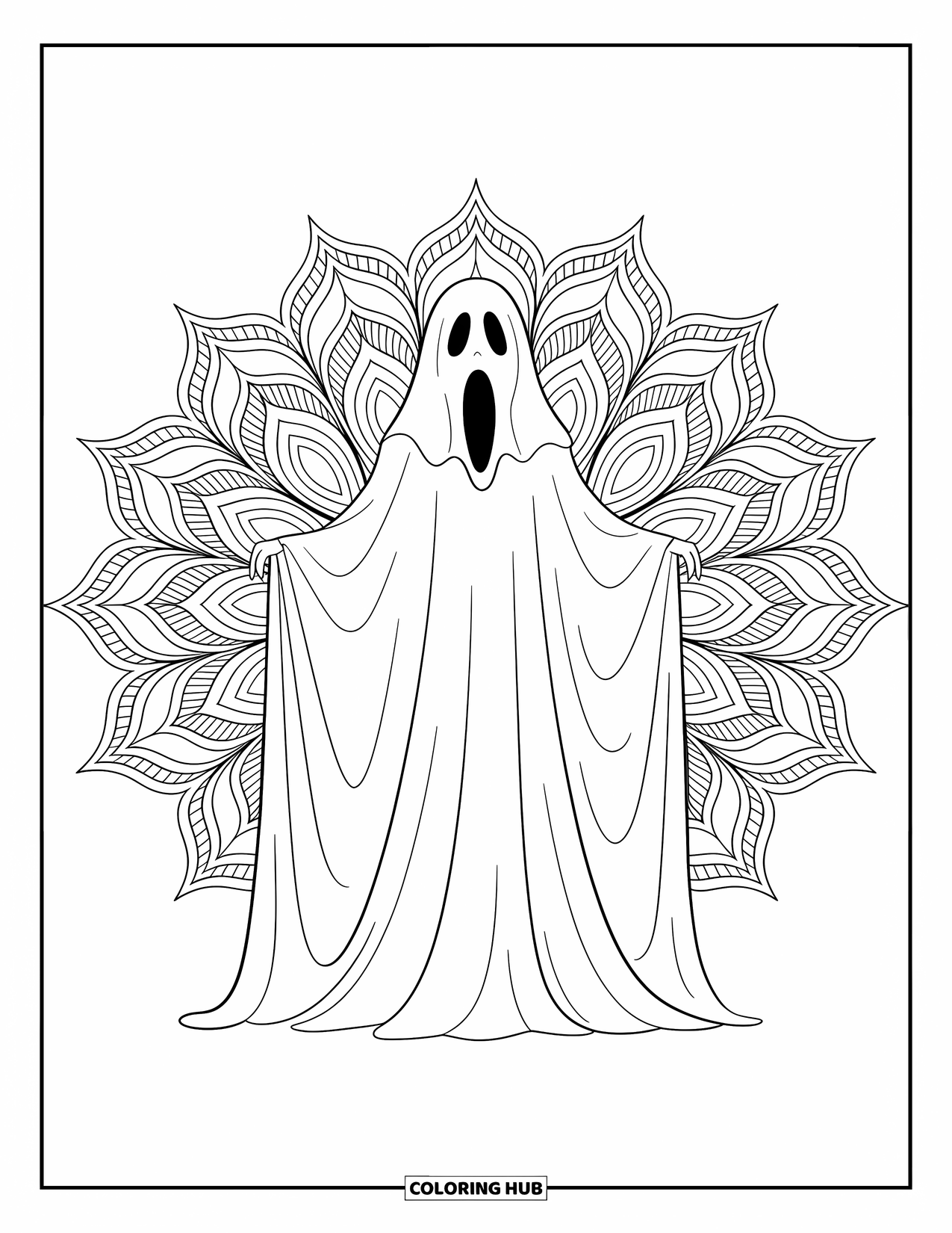 Ghost Coloring Page for Adults: A ghost rises within a sea of mandalas and soft, flowing lines