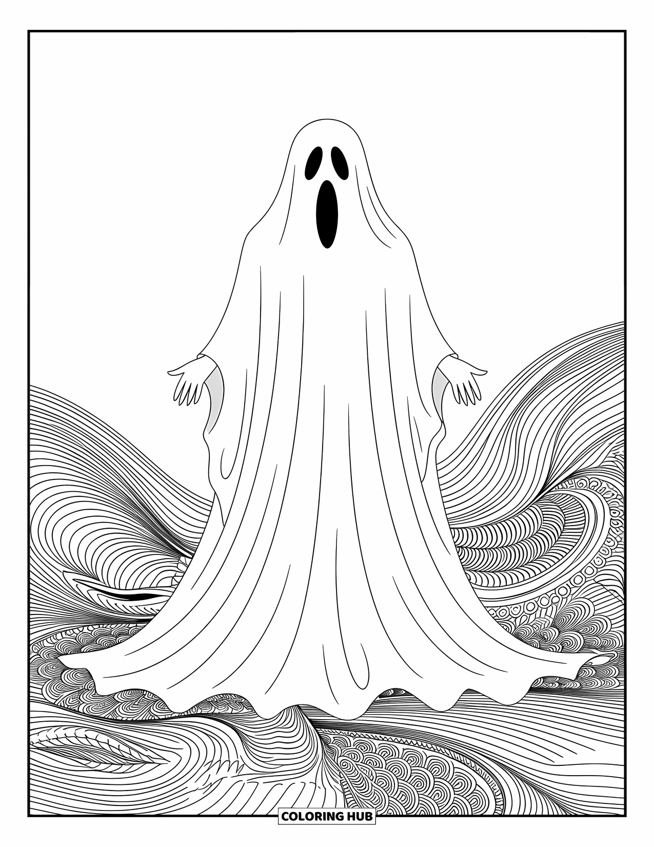 Ghost Coloring Page for Adults: A ghost stands still as intricate mandalas curl around its soft, flowing fabric