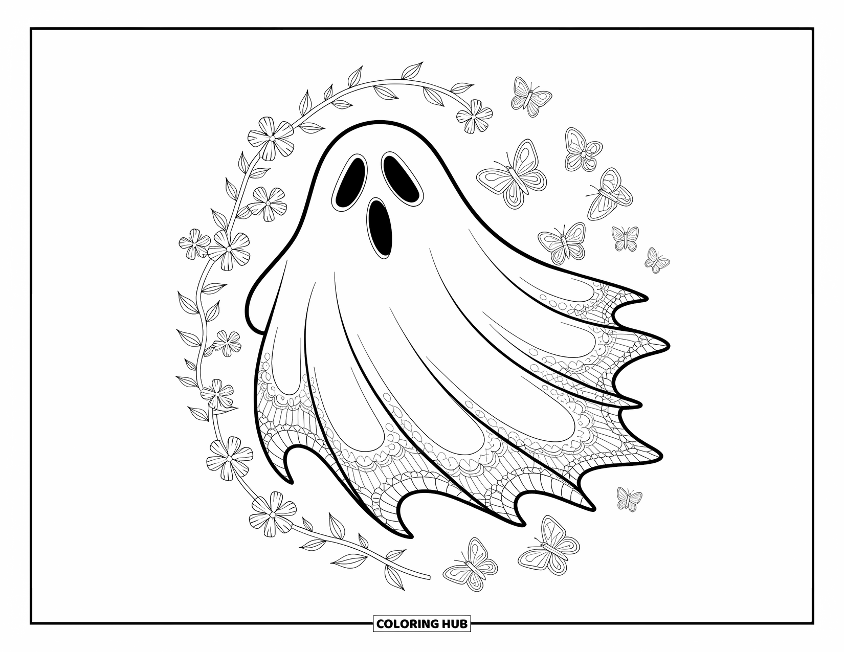 Ghost Coloring Page for Adults: A ghost swirls through delicate vines and butterflies with a calm, dreamy vibe
