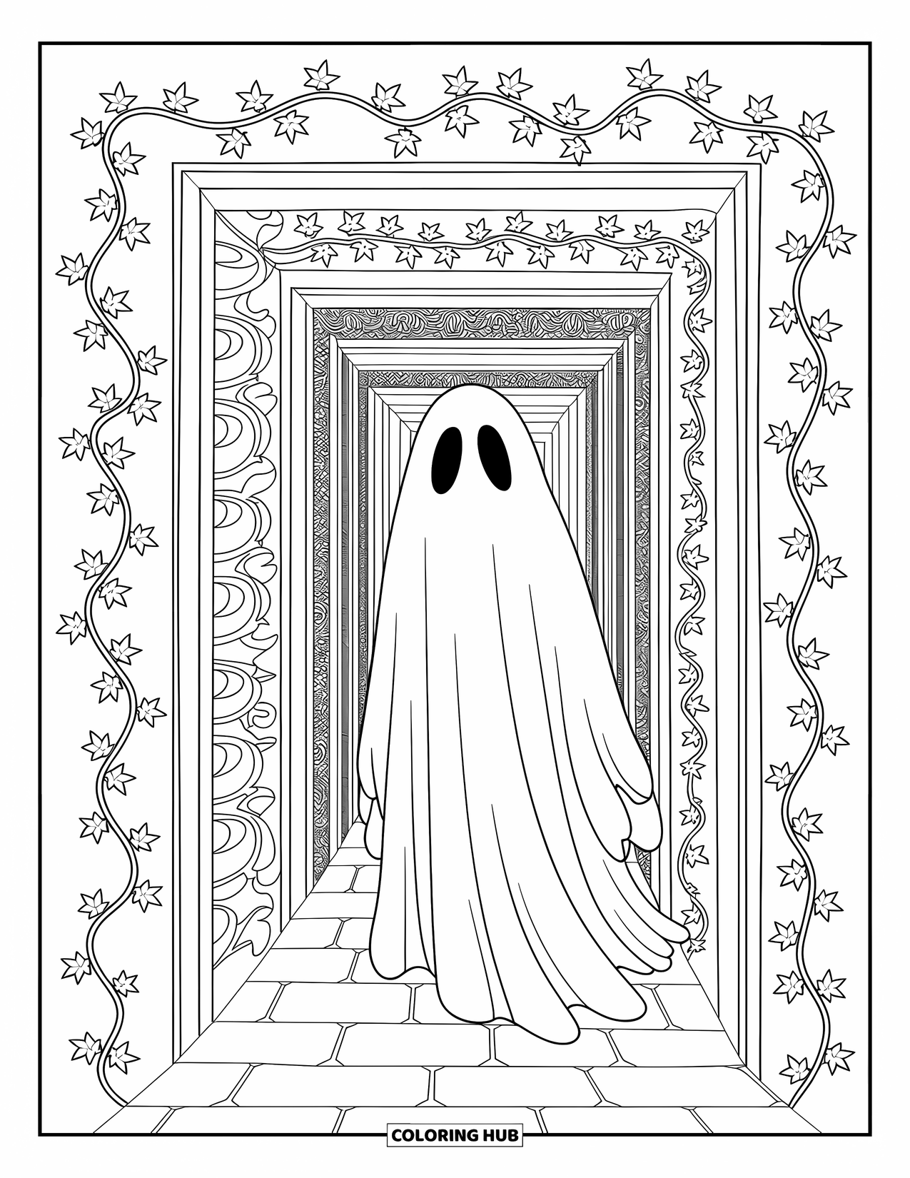 Ghost Coloring Page for Adults: A ghost wanders through a stone labyrinth covered in ivy and detailed carvings