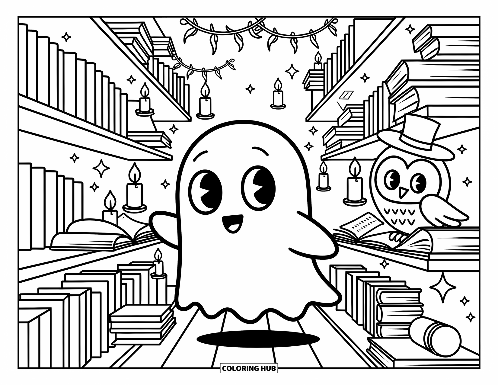 Ghost Coloring Page for Adults: A ghost with wide eyes explores a tiny library while an owl reads nearby