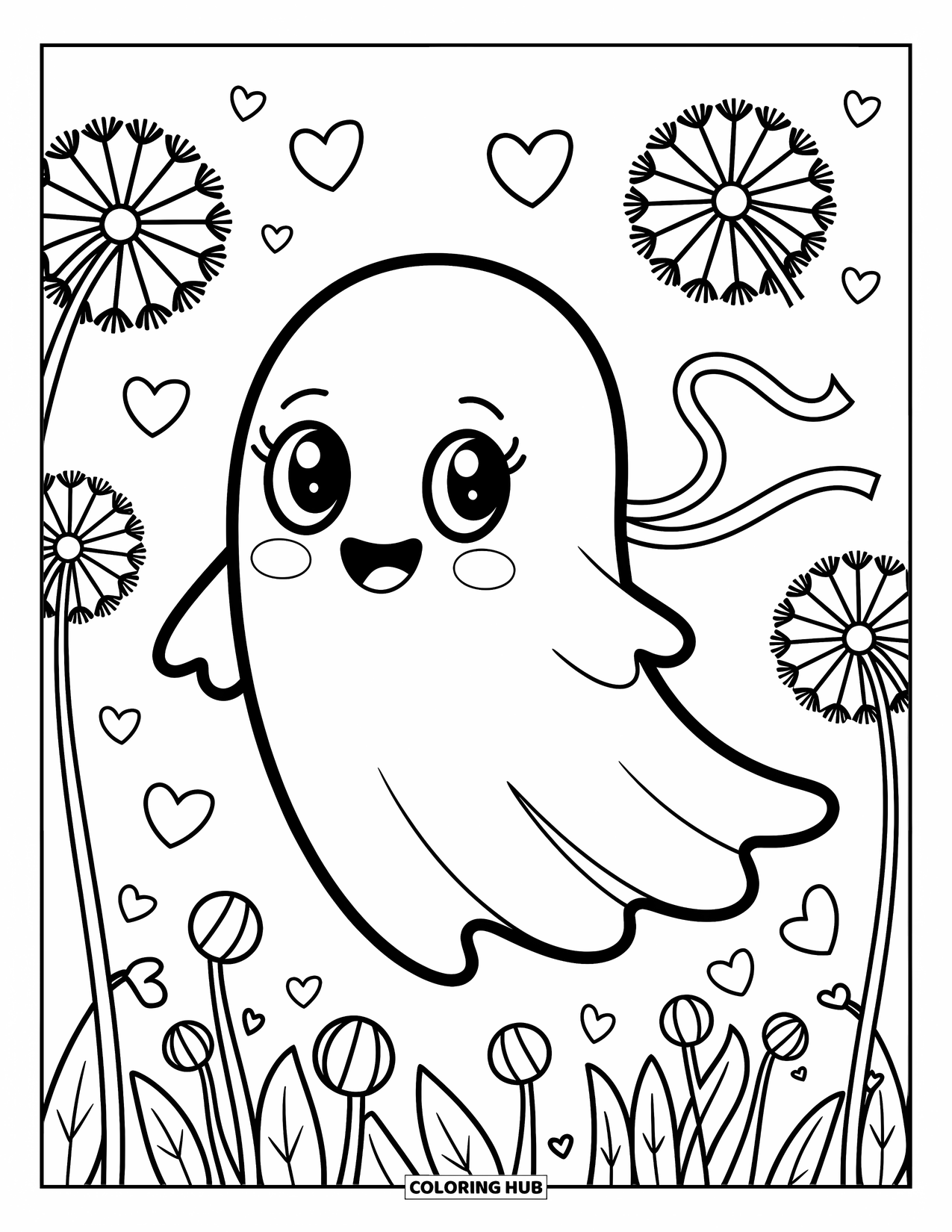 Ghost Coloring Page for Adults: A happy ghost glides among oversized dandelions with floating hearts and a fluttering scarf