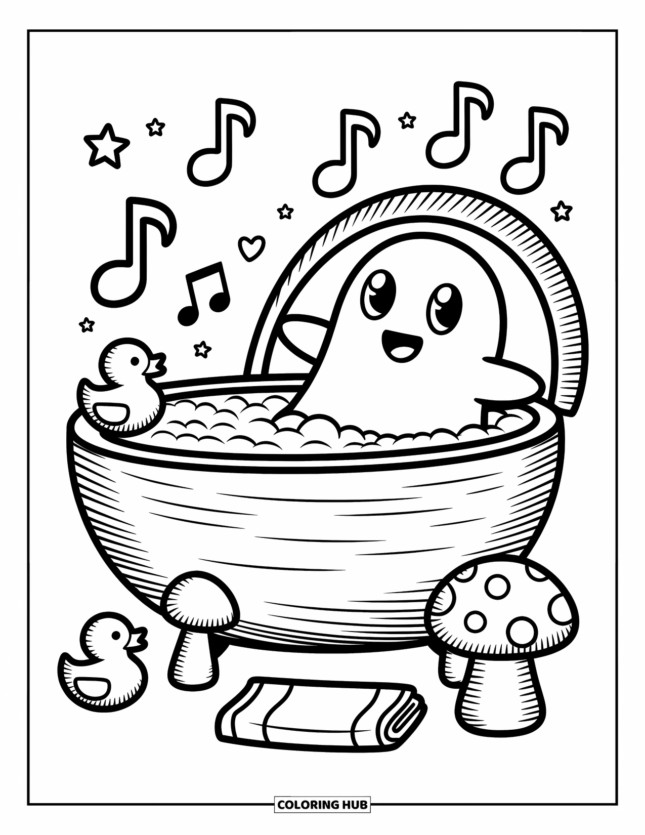 Ghost Coloring Page for Adults: A happy ghost relaxes in a walnut shell tub with duckies and a tiny towel