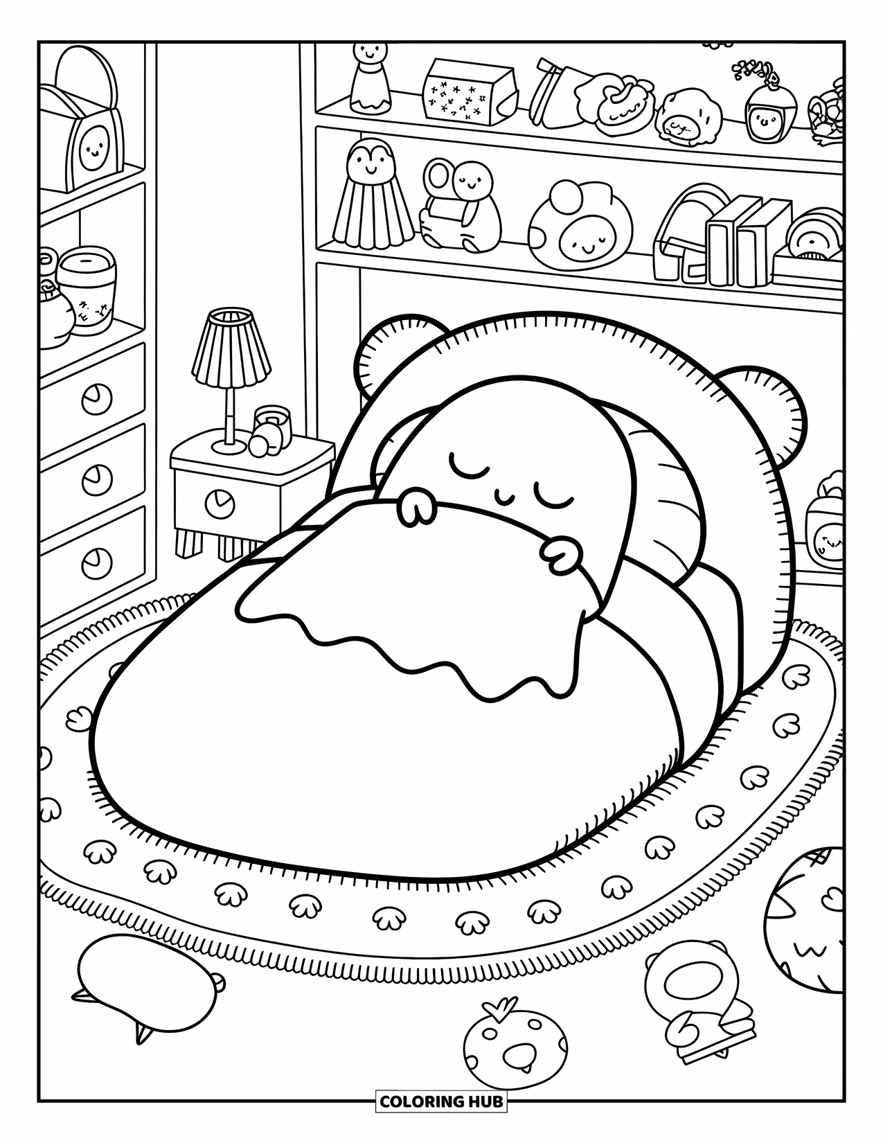 Ghost Coloring Page for Adults: A sleepy ghost snuggles into a cozy mochi-shaped bed in a charming little room