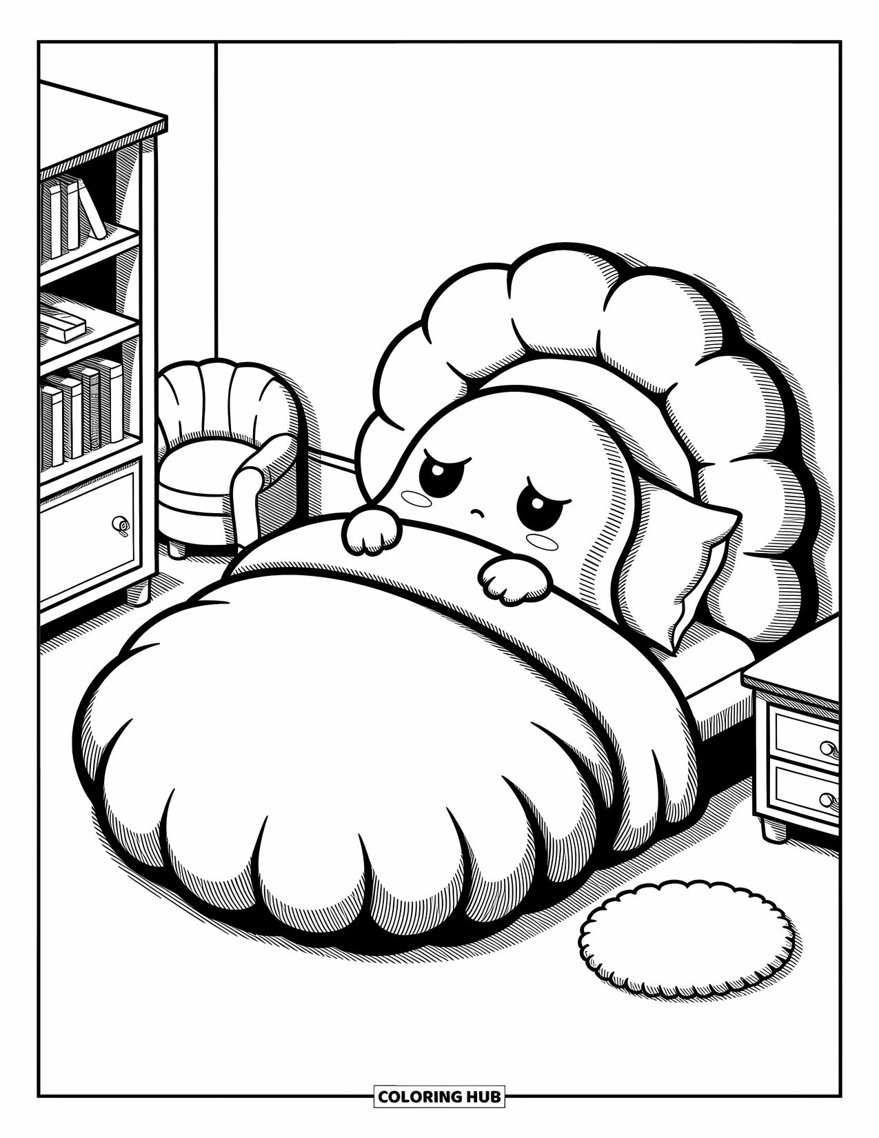 Ghost Coloring Page for Adults: A sleepy ghost tucks into a cozy bed shaped like a mochi bun