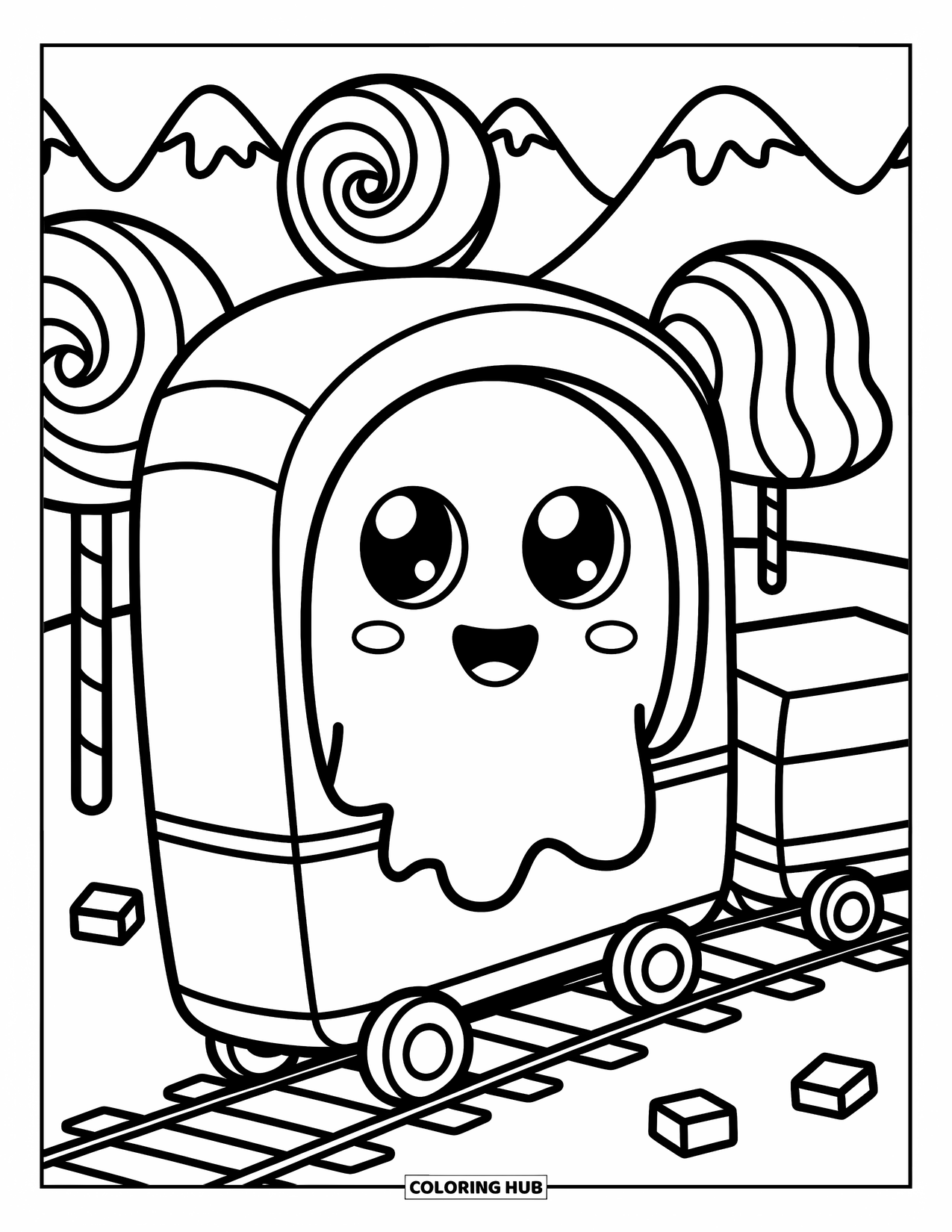 Ghost Coloring Page for Adults: A smiling ghost rides a train through sweet mountains and lollipop trees