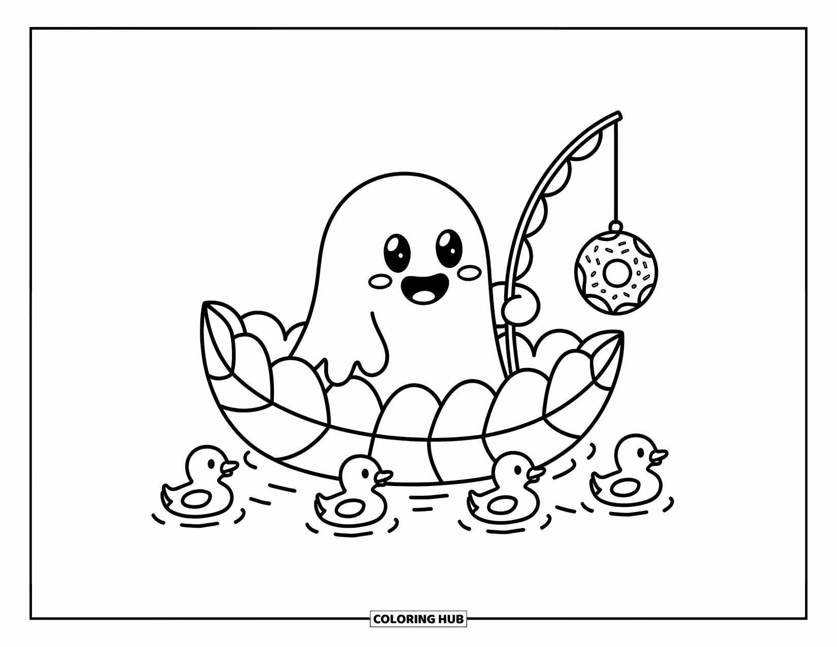Ghost Coloring Page for Adults: A smiling ghost sails a stream with a donut fishing rod and duck friends