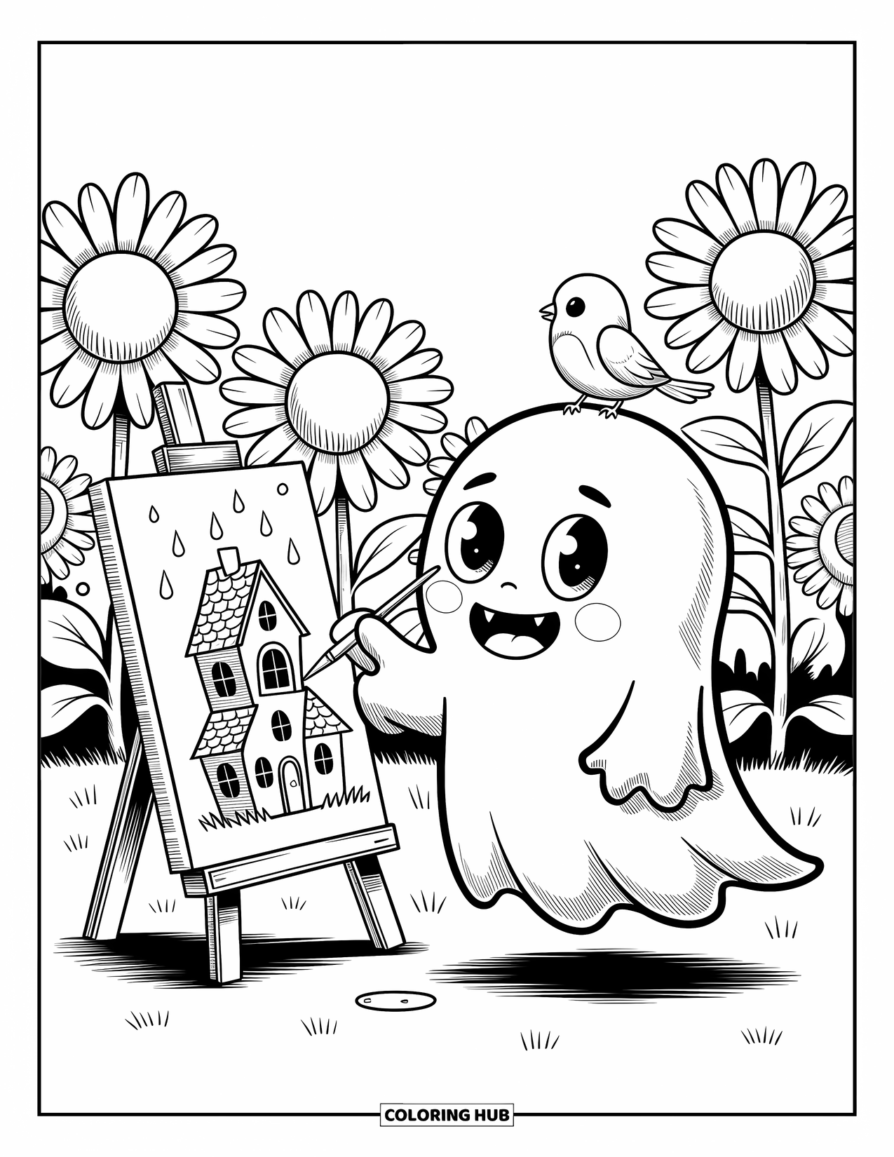 Ghost Coloring Page for Adults: A tiny ghost paints a haunted house surrounded by sunflowers and floating paint blobs