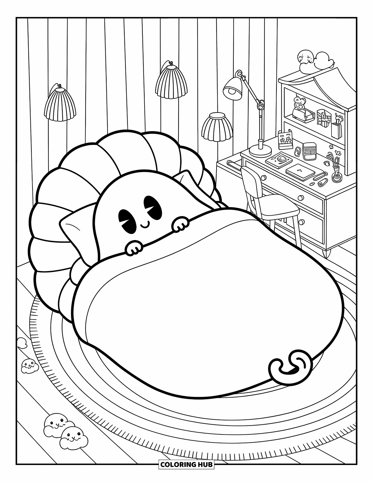 Ghost Coloring Page for Adults: A tired ghost curls up in a mochi bed surrounded by cute lamps and plush toys