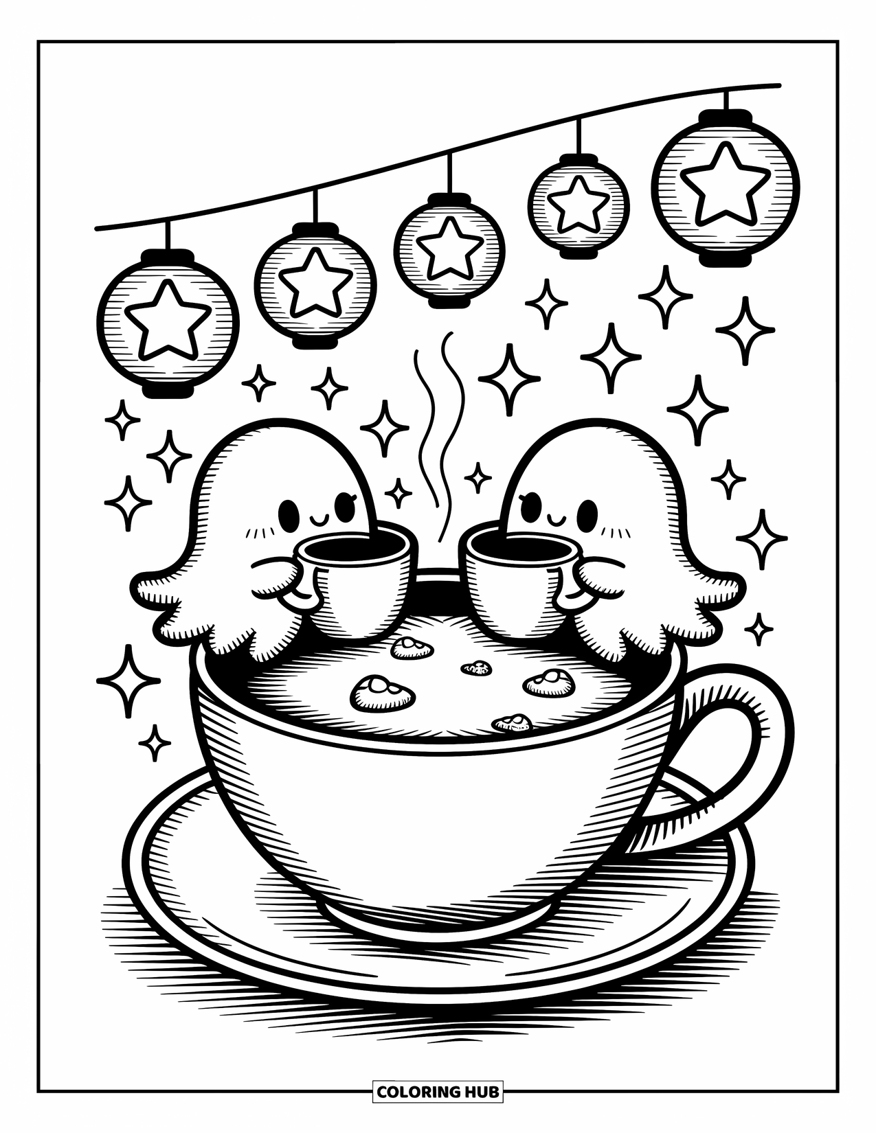 Ghost Coloring Page for Adults: Two ghosts sip from a huge mug as pastries float and stars twinkle around them