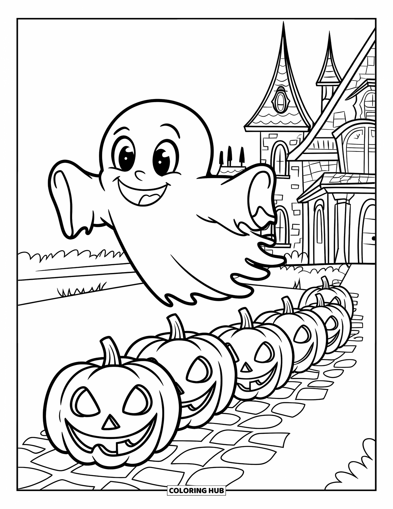 Ghost Coloring Page for Kids: A cheerful ghost flies over patterned pumpkins on a cobblestone path
